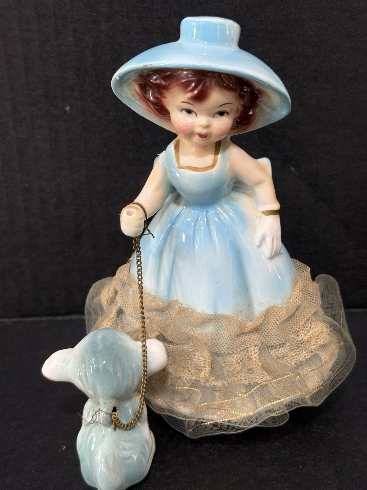 Vtg Ceramic Figurine – Japan – Girl In Aqua Blue Dress & Bonnet Small Dog