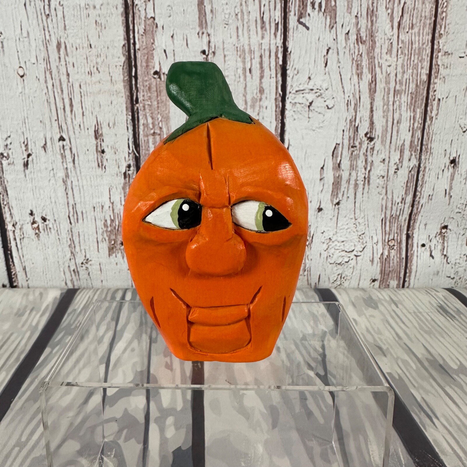 Hand Carved Hand Painted Wood Pumpkin Folk Art 5″x3″ Signed 2019