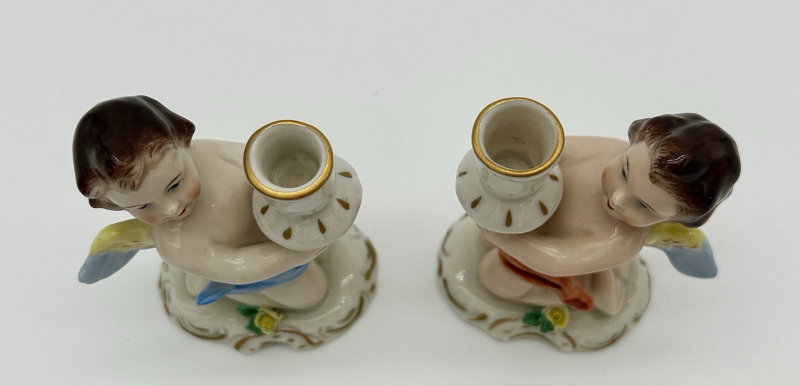 Antique German Dresdner Art Porcelain Candle Holder Pair Cherub Figurine