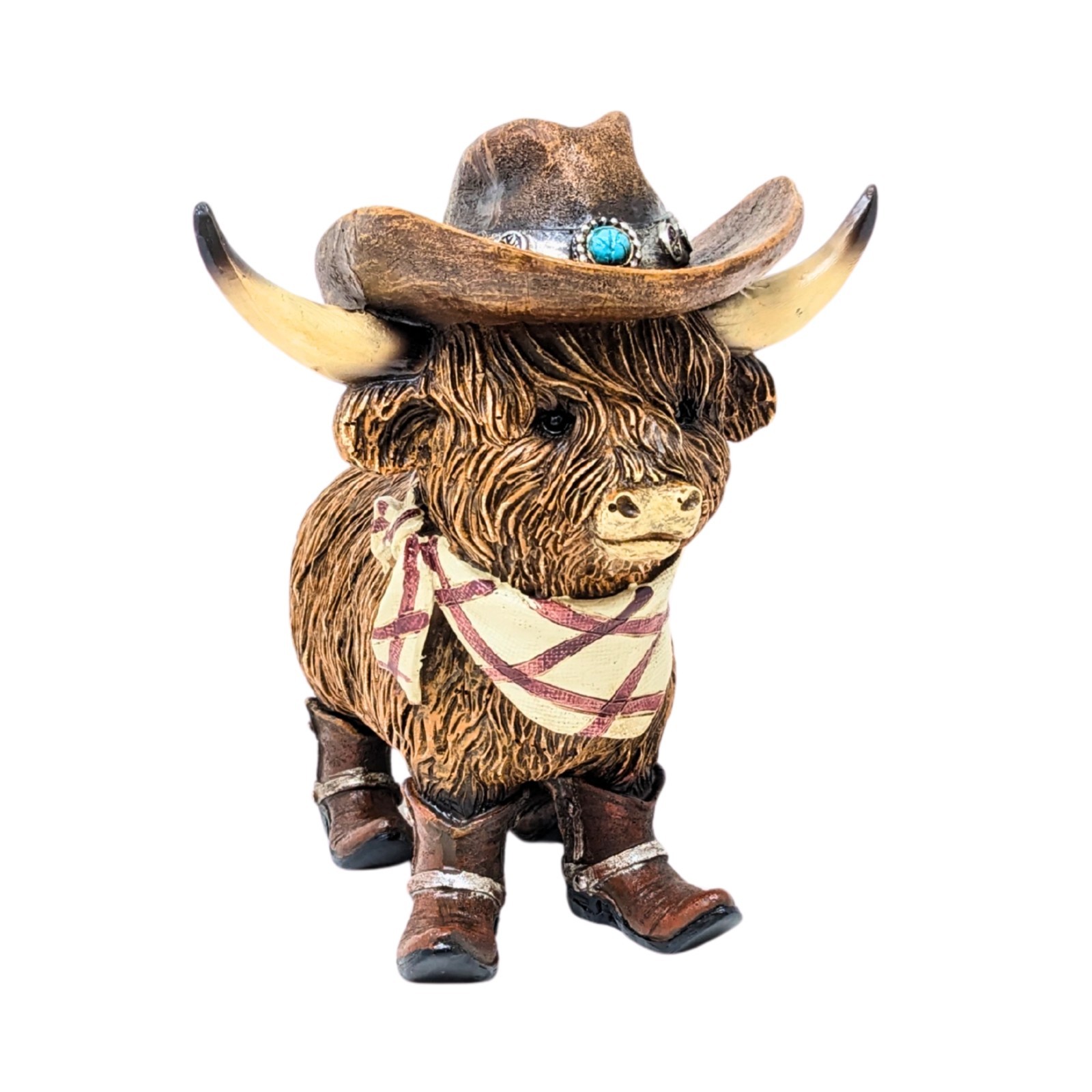 Western Cowboy Highland Cow Figurine – Rustic Resin Cow Statue with Hat & Boots