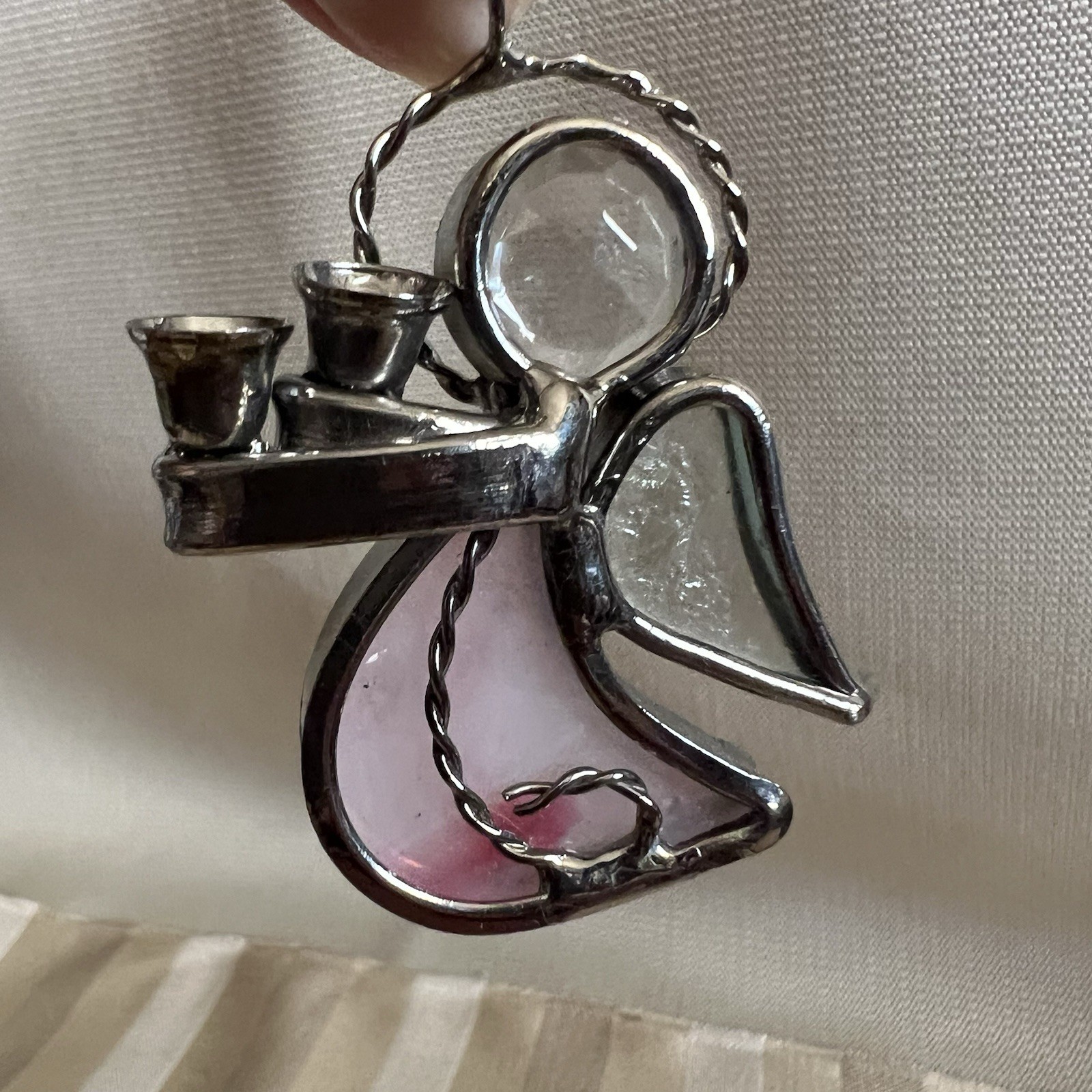 Art Glass Stained Glass Pink Angel Sun Catcher Christmas Tree Ornament 2.5”