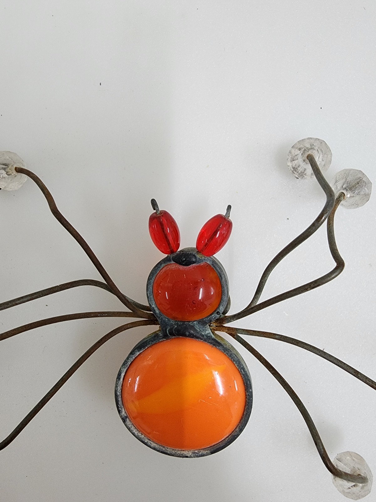 Handcrafted Stained Glass Spider Figurine Wire Legs Orange Red Insect Sculpture