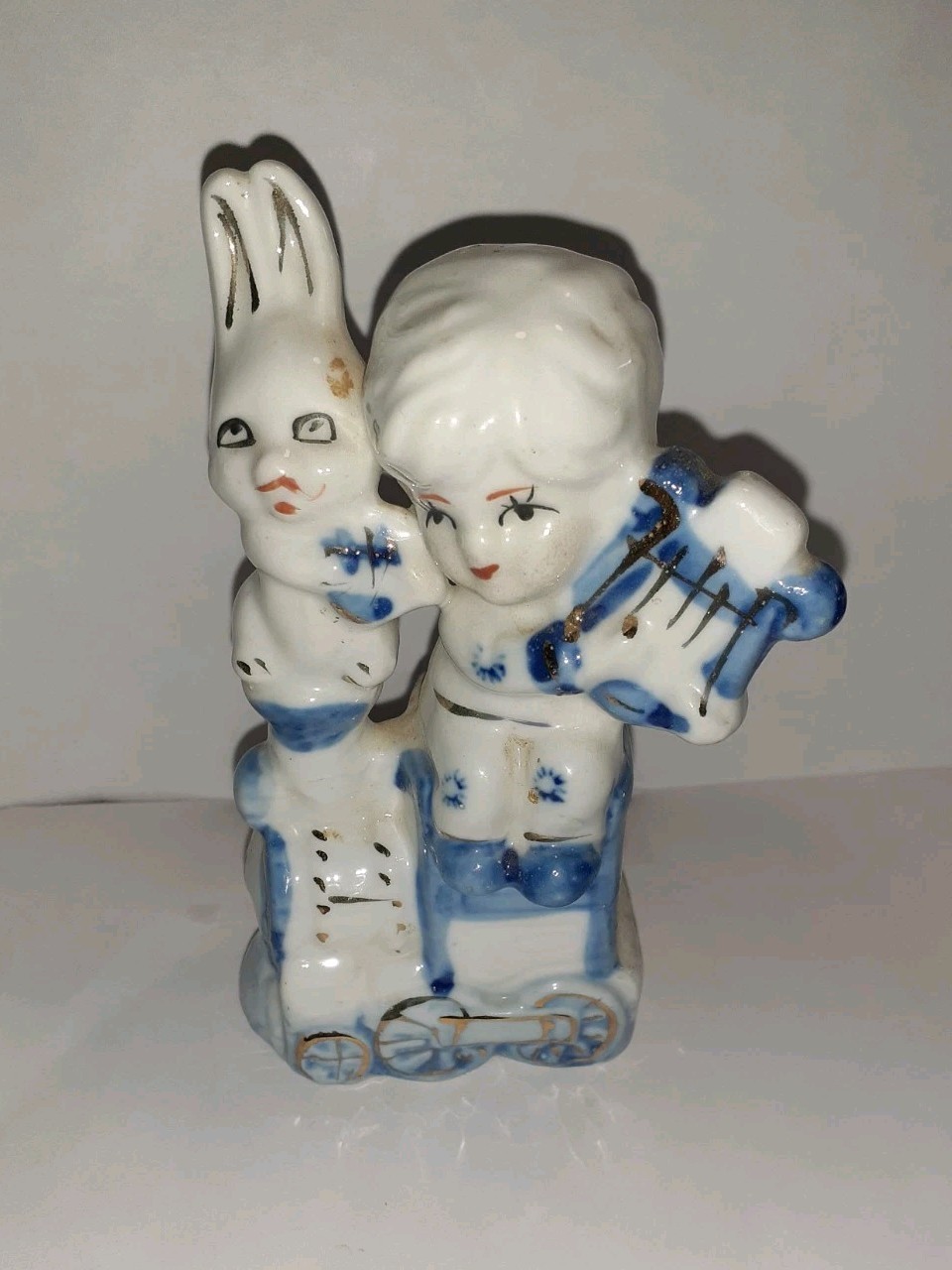Vintage Blue Delft Boy Bunny Playing Harp On Locomotive Mid Century China 5 Inch