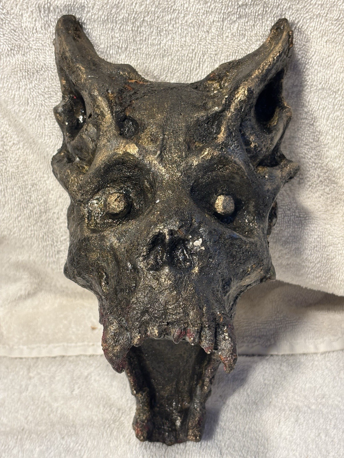 VTG Black Art Demon Head Figure GothicHeavy Plaster Cast Wall Hanger Gold Accent