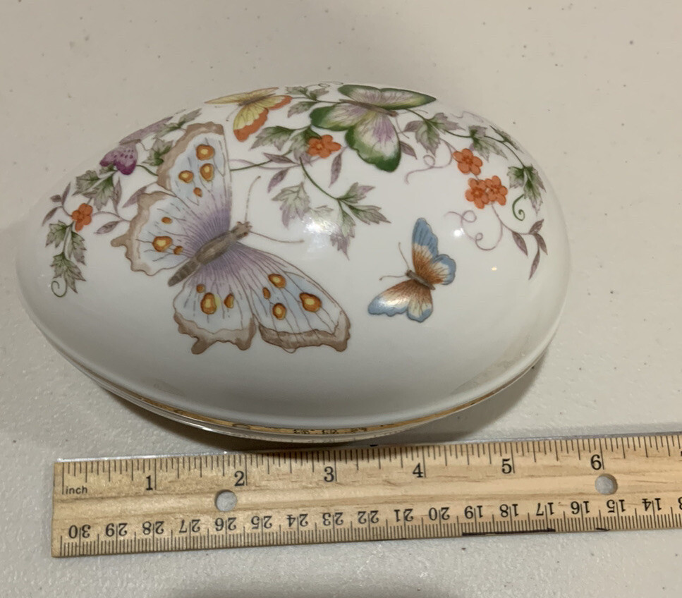 Vintage Avon Egg Trinket Box Butterfly Art Fine Porcelain 22k Gold Trim Japan