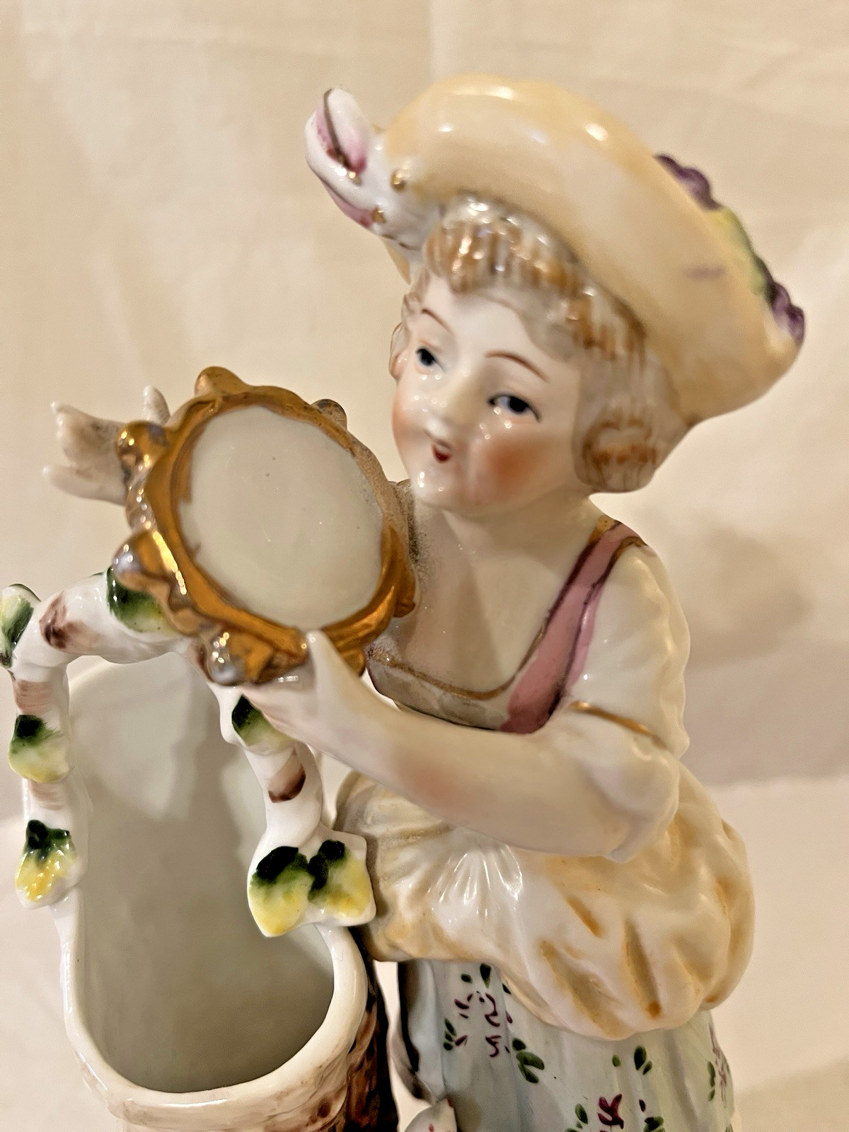 Antique Porcelain Figure Rococo Style Lady with Tambourine and Cornucopia, Bird