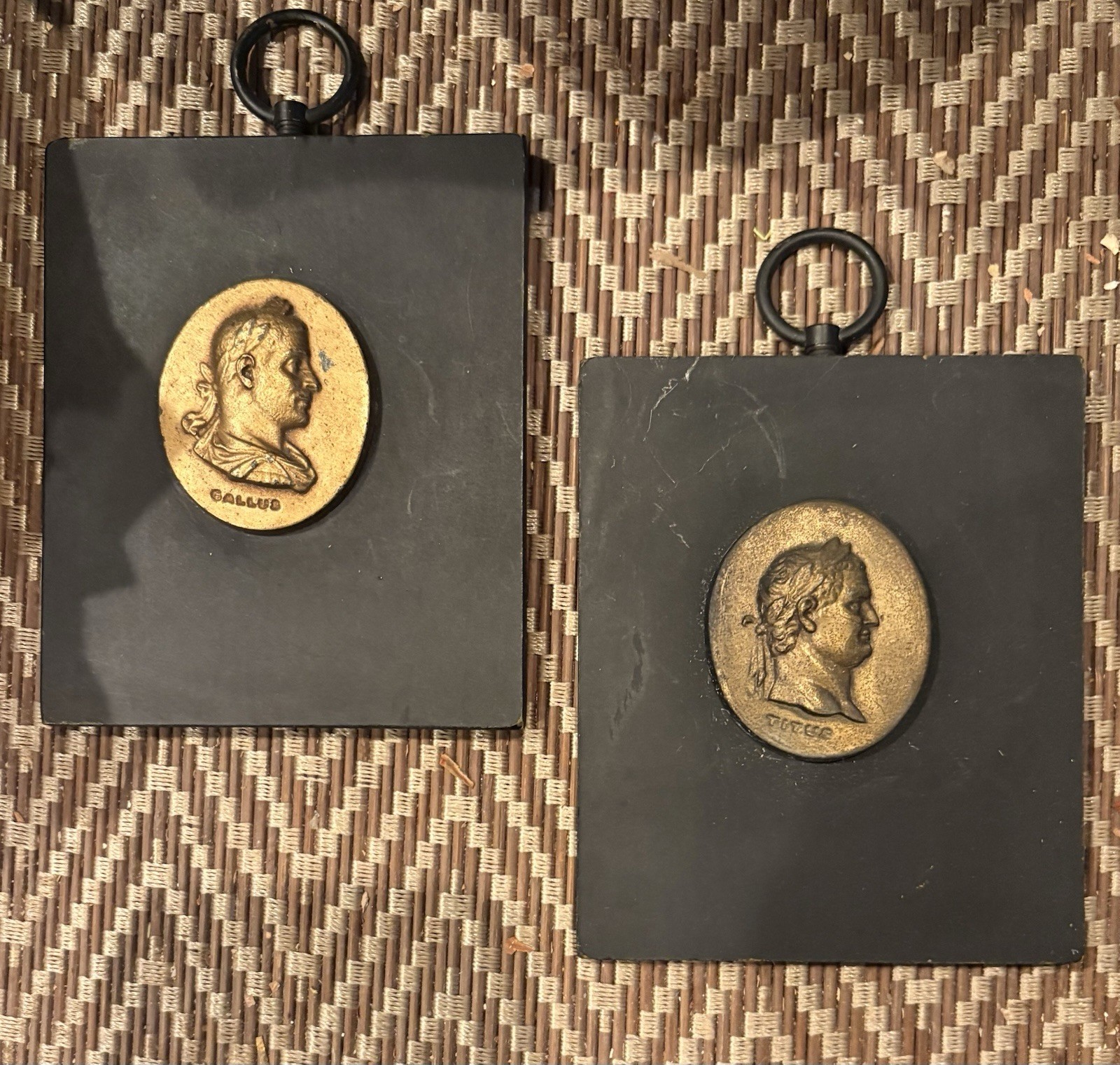 2 Vintage Wood Portraits Of Gallus & Tituts 3.875”W x 4.625”H