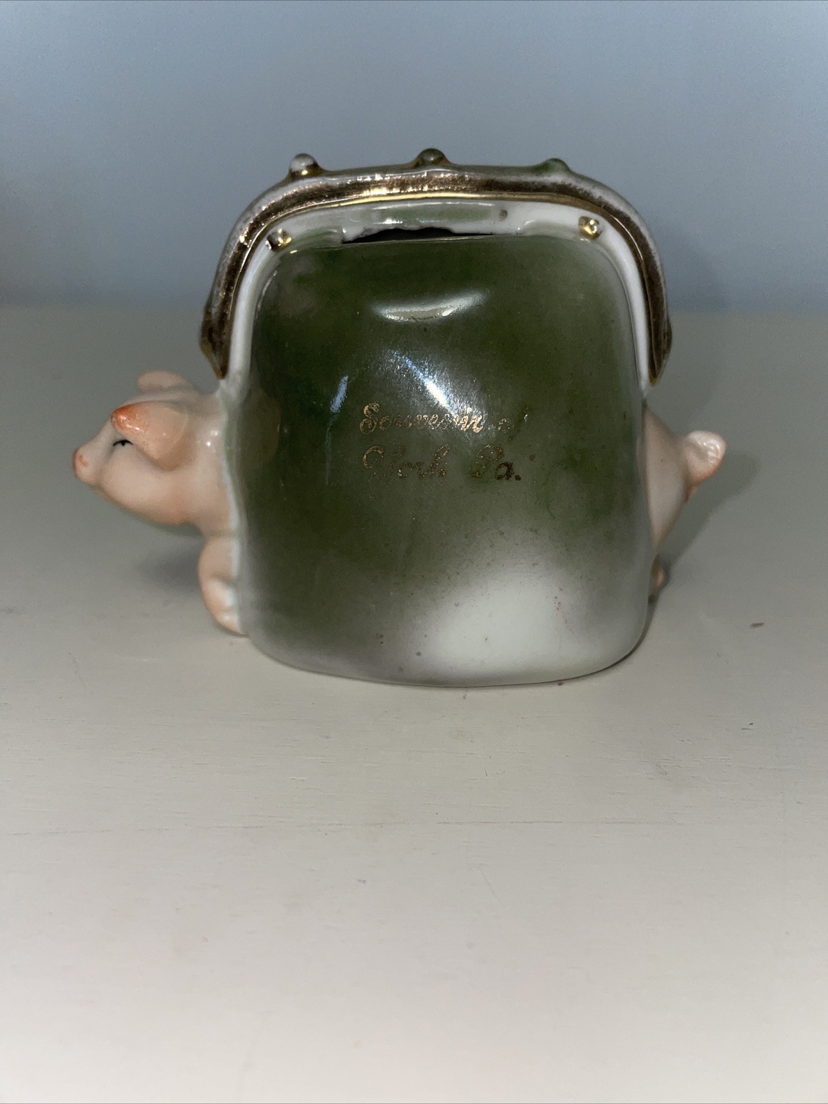Antique Pink Pig Fairing Green Suitcase Bank Souvenir Germany Signed
