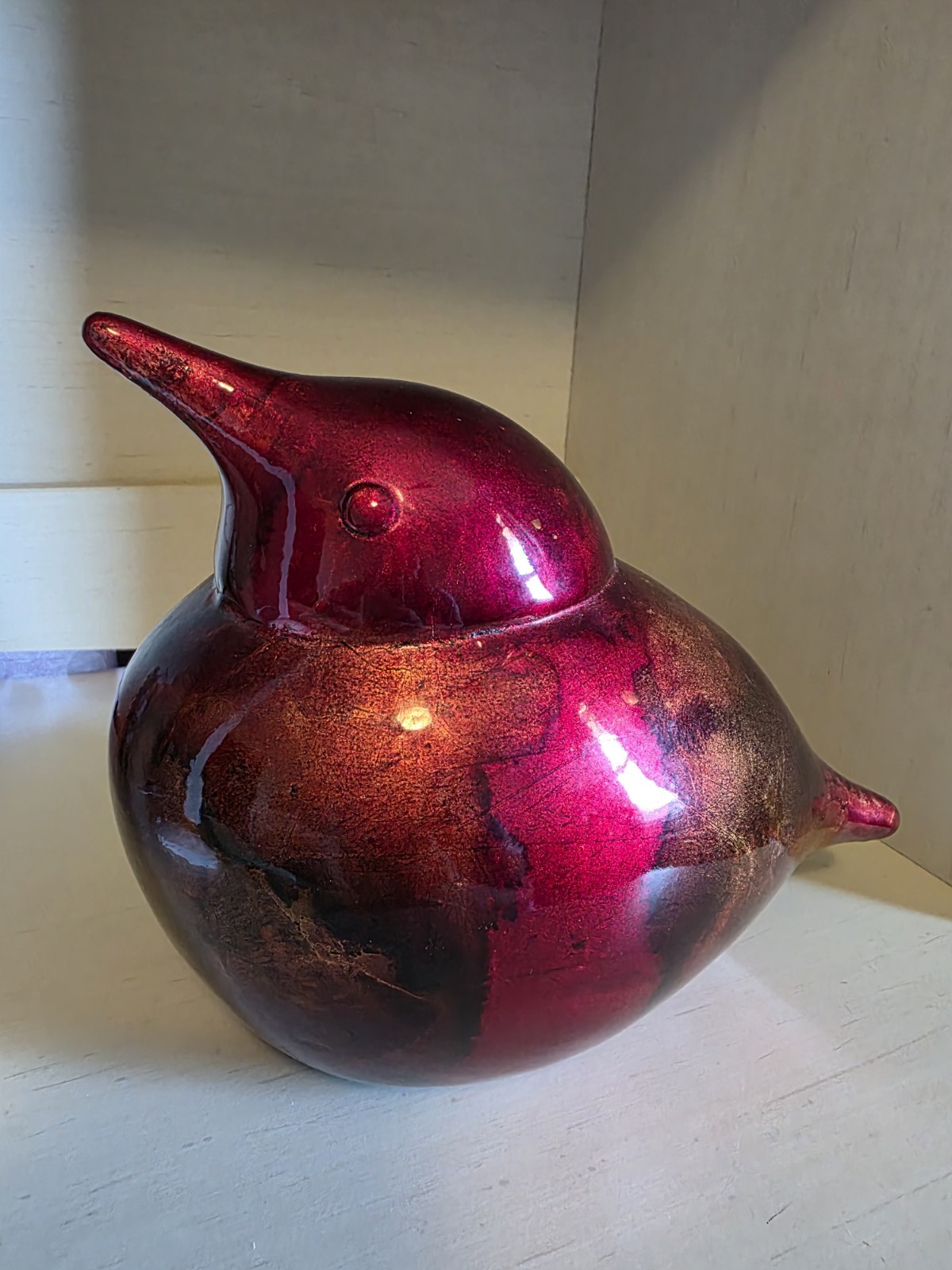 Adorable Large Plump Shiny Metallic Red & Orange Ceramic Bird Figurine Decor