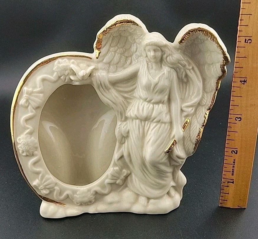 Porcelain Angel Picture Frame, Angel Holding Golden Flute 5.5″X 6″ BEAUTIFUL!