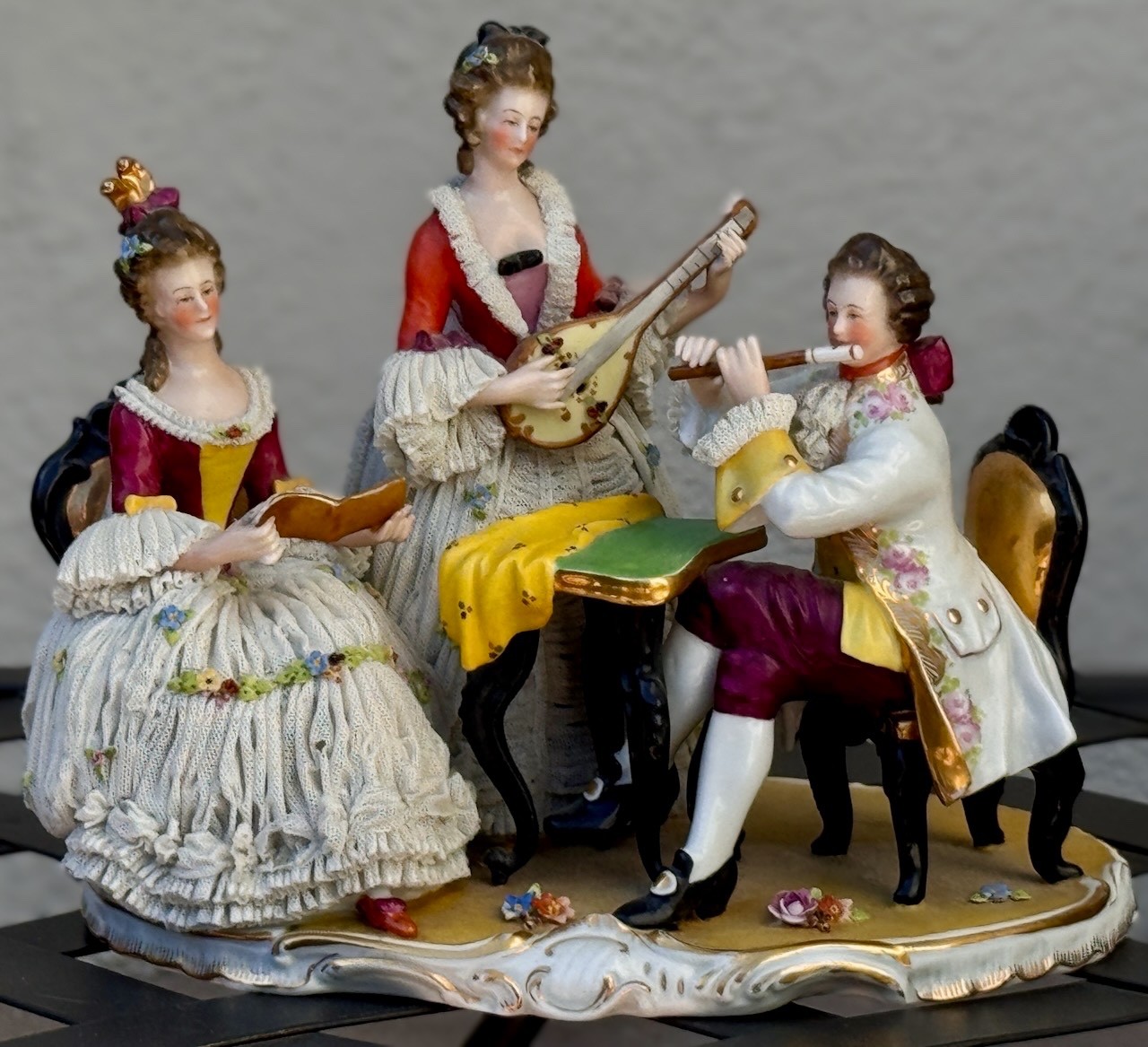 Vintage Dresden Lace Figurine–Three Musicians–WONDERFUL!!