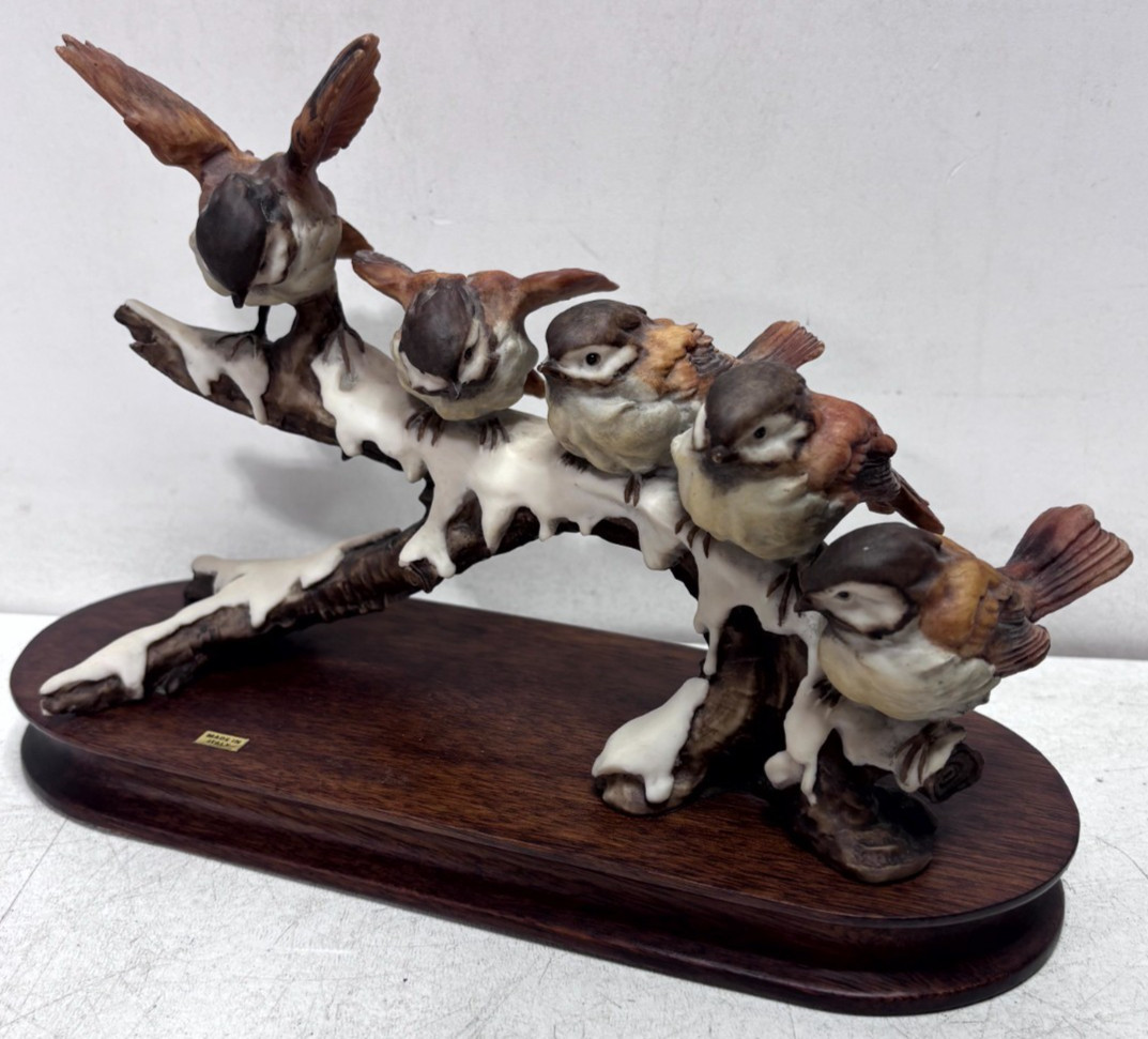 G. Armani Bird Figurine Sparrows On Snowy Branch – Hand Painted Signed Italy 9”