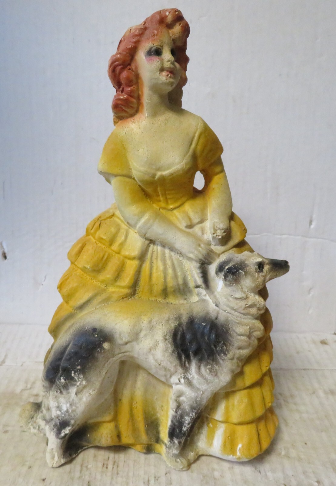Vintage chalkware southern belle lady in Yellow Dress w/ White & Black Dog