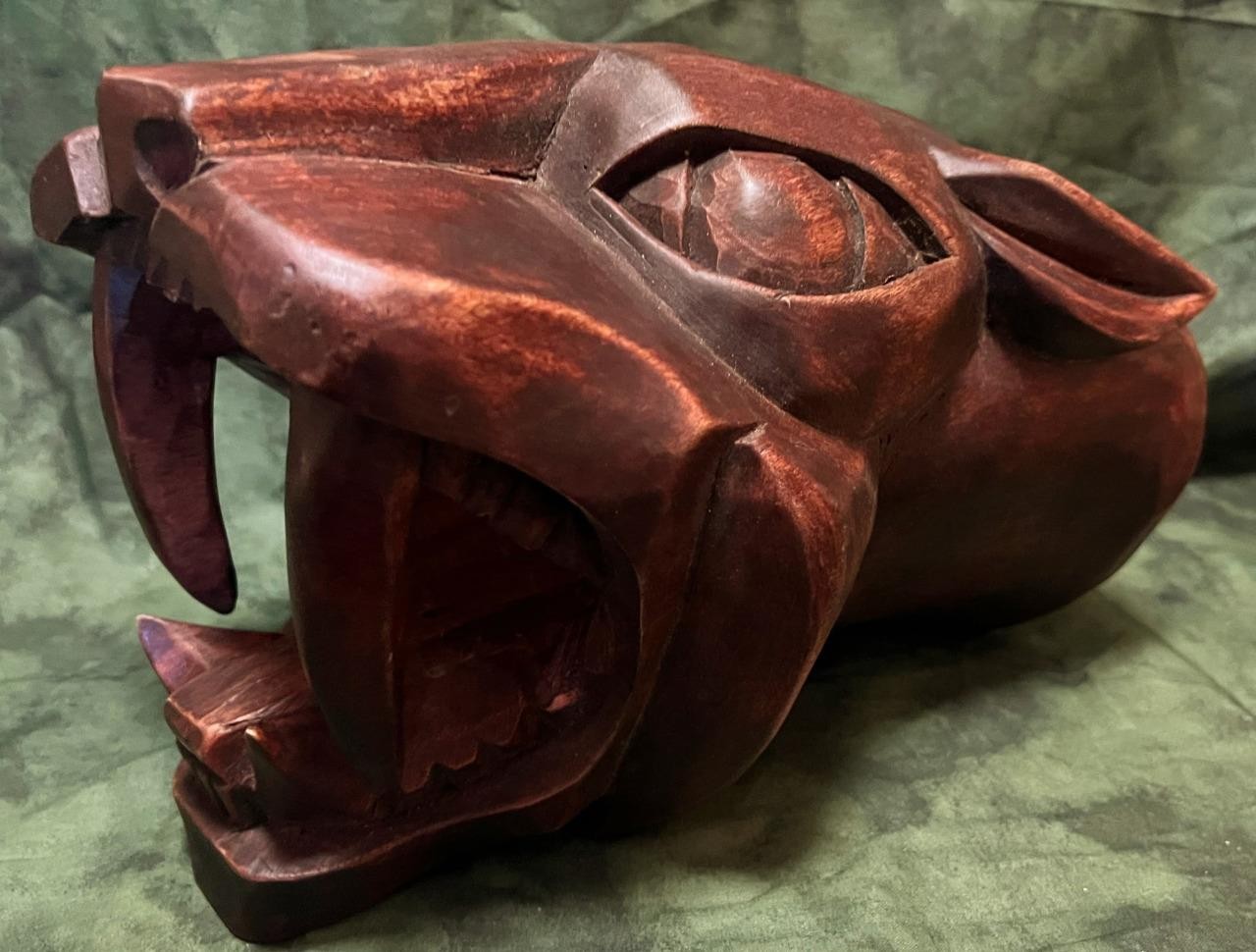Hand Carved Art Sculpture Wild Animal Cat Head Jaguar Wood Carving Statue Bust