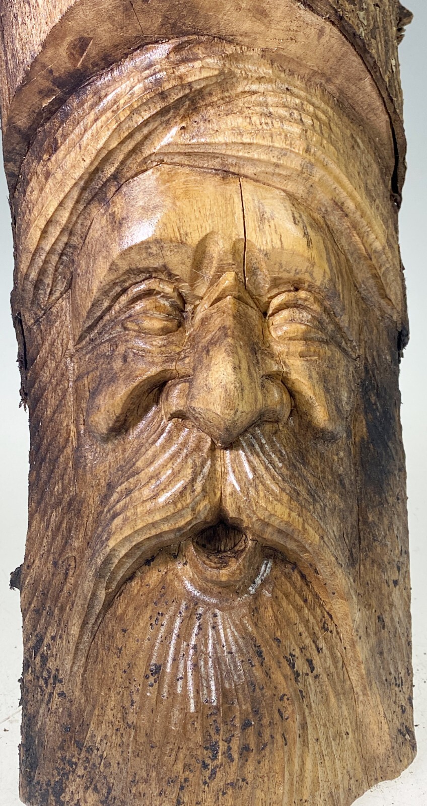 12.5” Face Man Carved Wood Tree Stump Weathered Primitive Greenman Odin