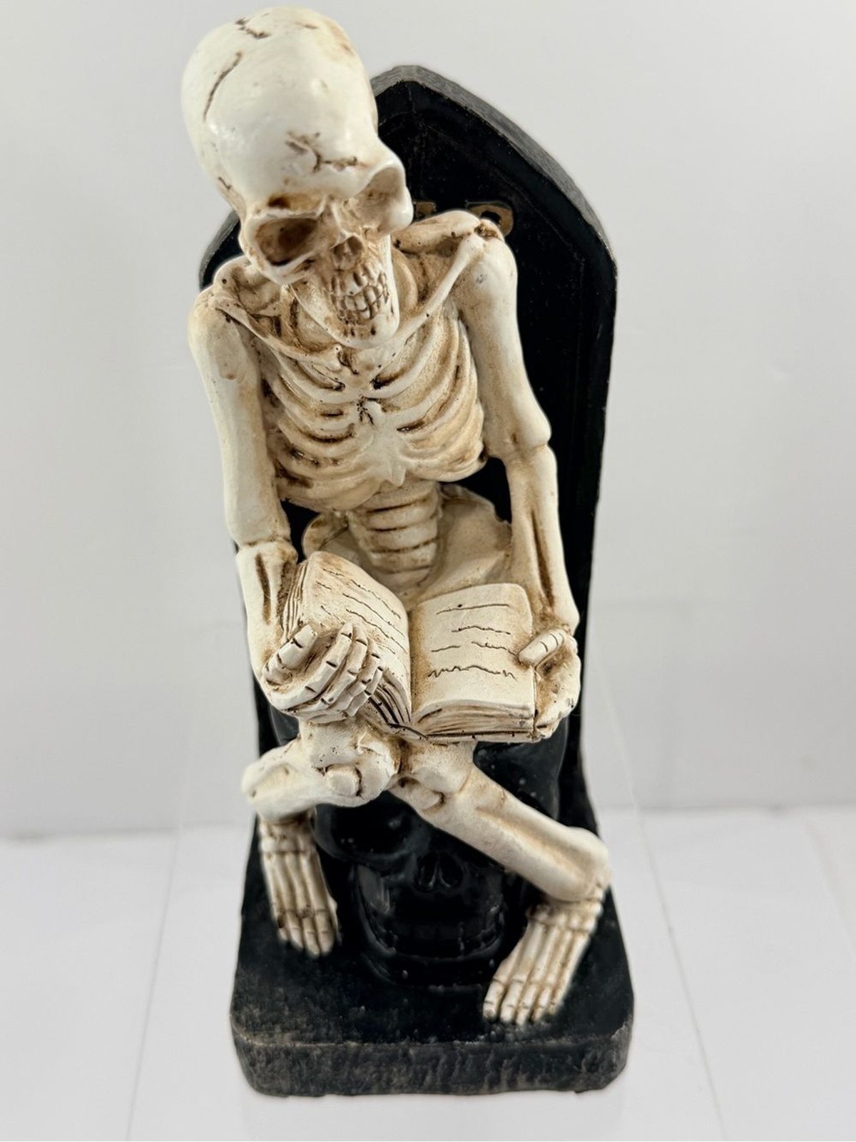 Gothic Skeleton on Skull Toilet Reading Book Figurine RIP Tombstone Decor 7″