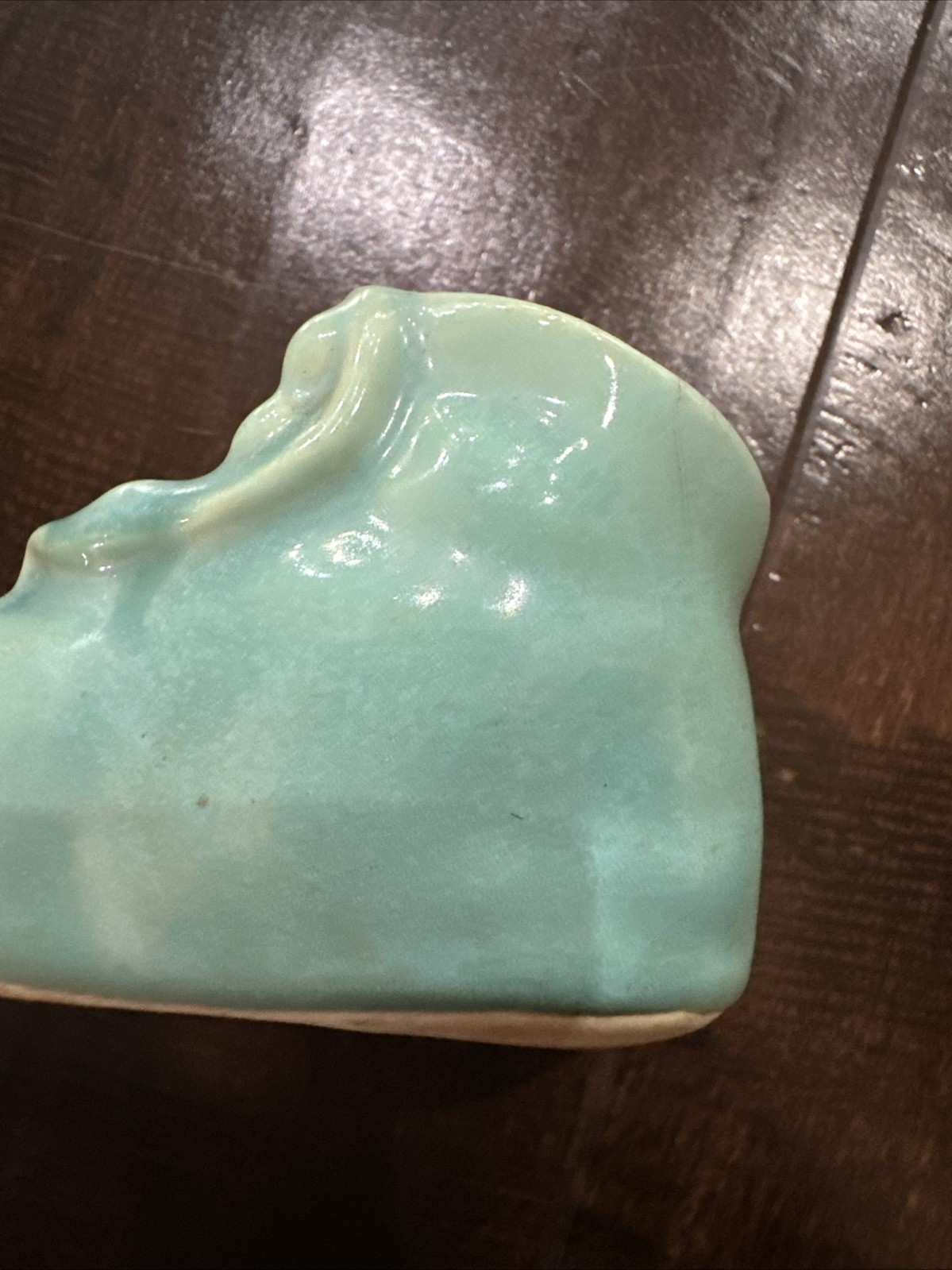 tiny ceramic boot vintage Aqua Blue baby shoe, 1 3/4” tall Precious Nursery Boy