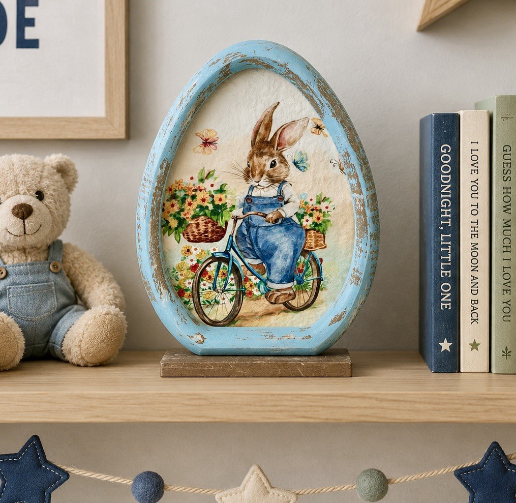 Vintage Style Painted Freestanding Wooden Blue Boy Bunny Portrait Nursery Decor