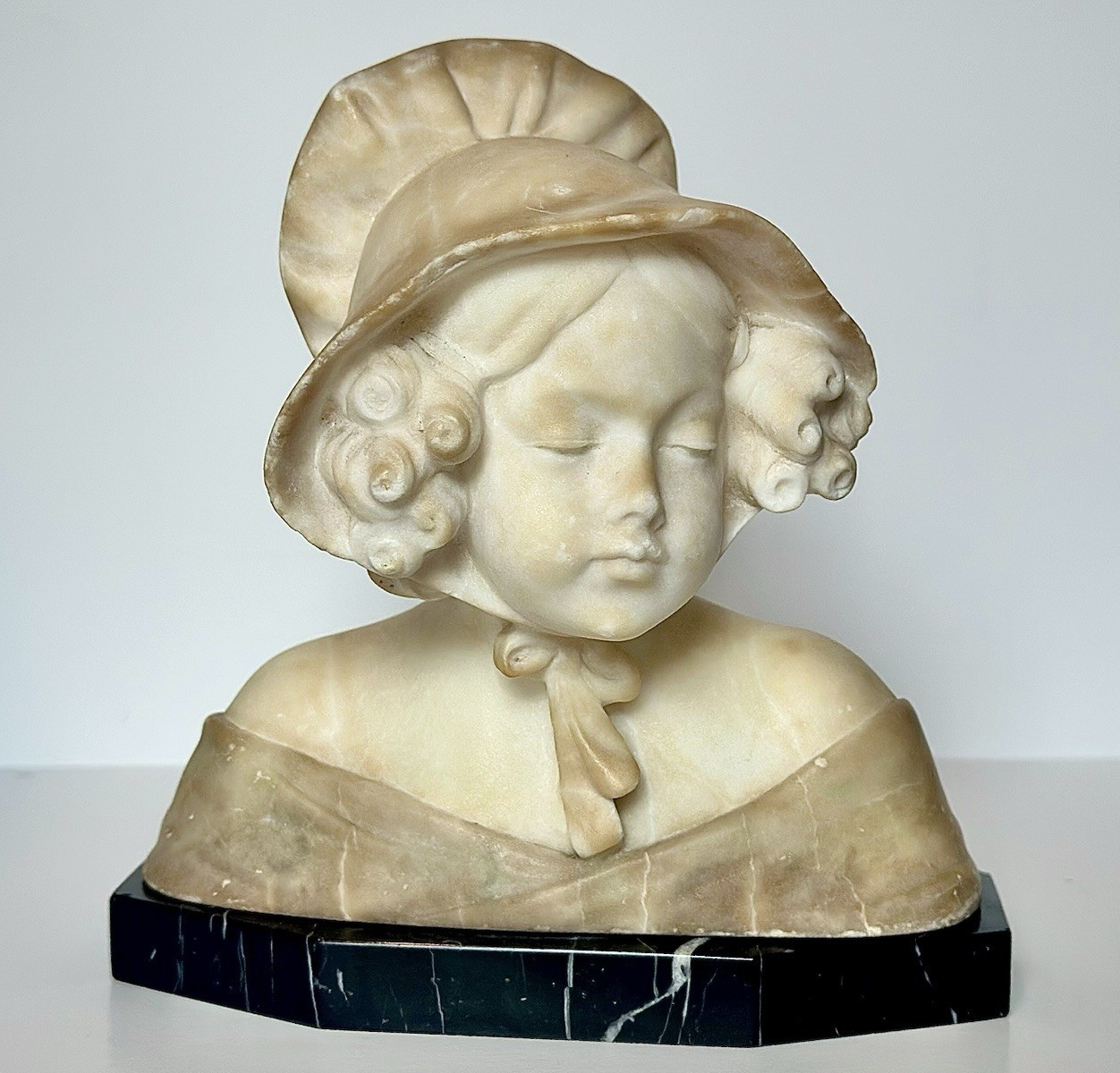 Friedrich Goldscheider Signed Stone Woman Bust on Black Marble Base 6in