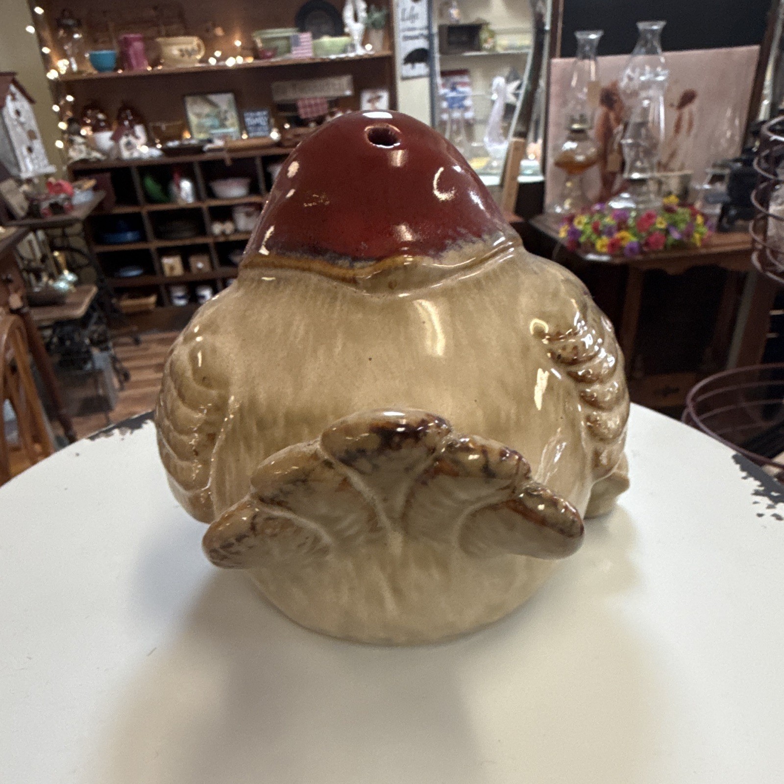 Ceramic Glazed Bird Figurine Beige Brown Red Farm Animal Decor Collectible
