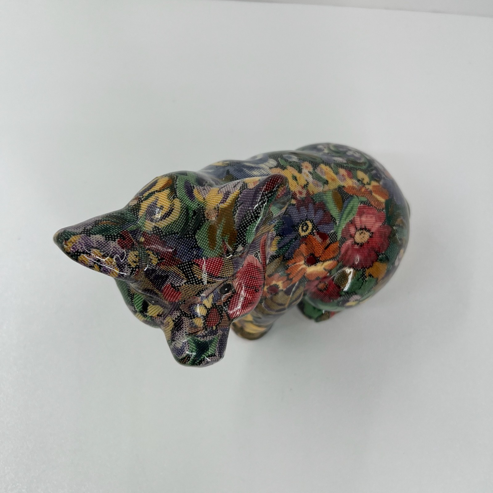 Joan Baker Porcelain Patchworks Floral Pig Figurine Vtg Decoupage 7″ Multicolor