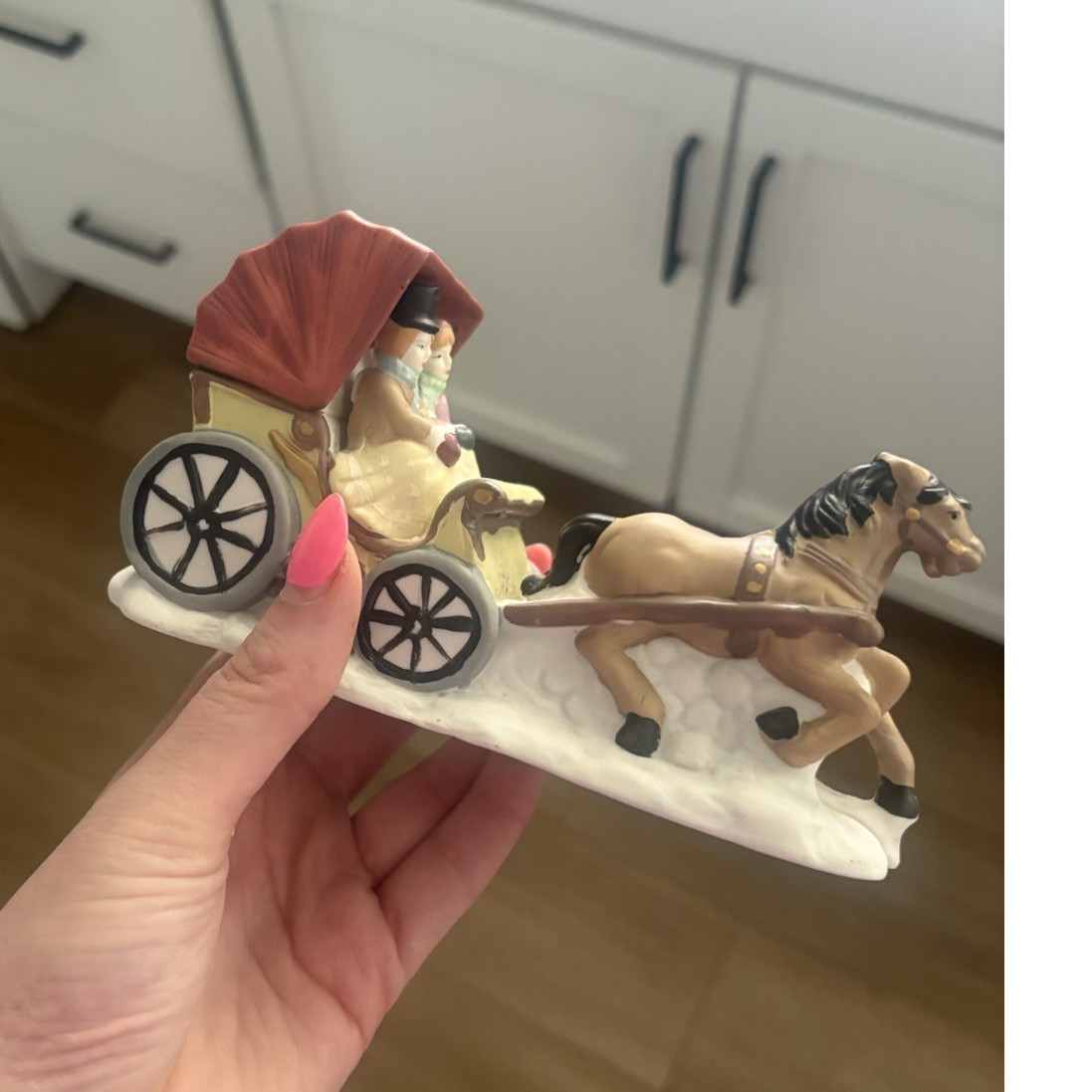 Porcelain Horse-Drawn Covered Wagon Figurine, Multicolor Glossy 3D Effect