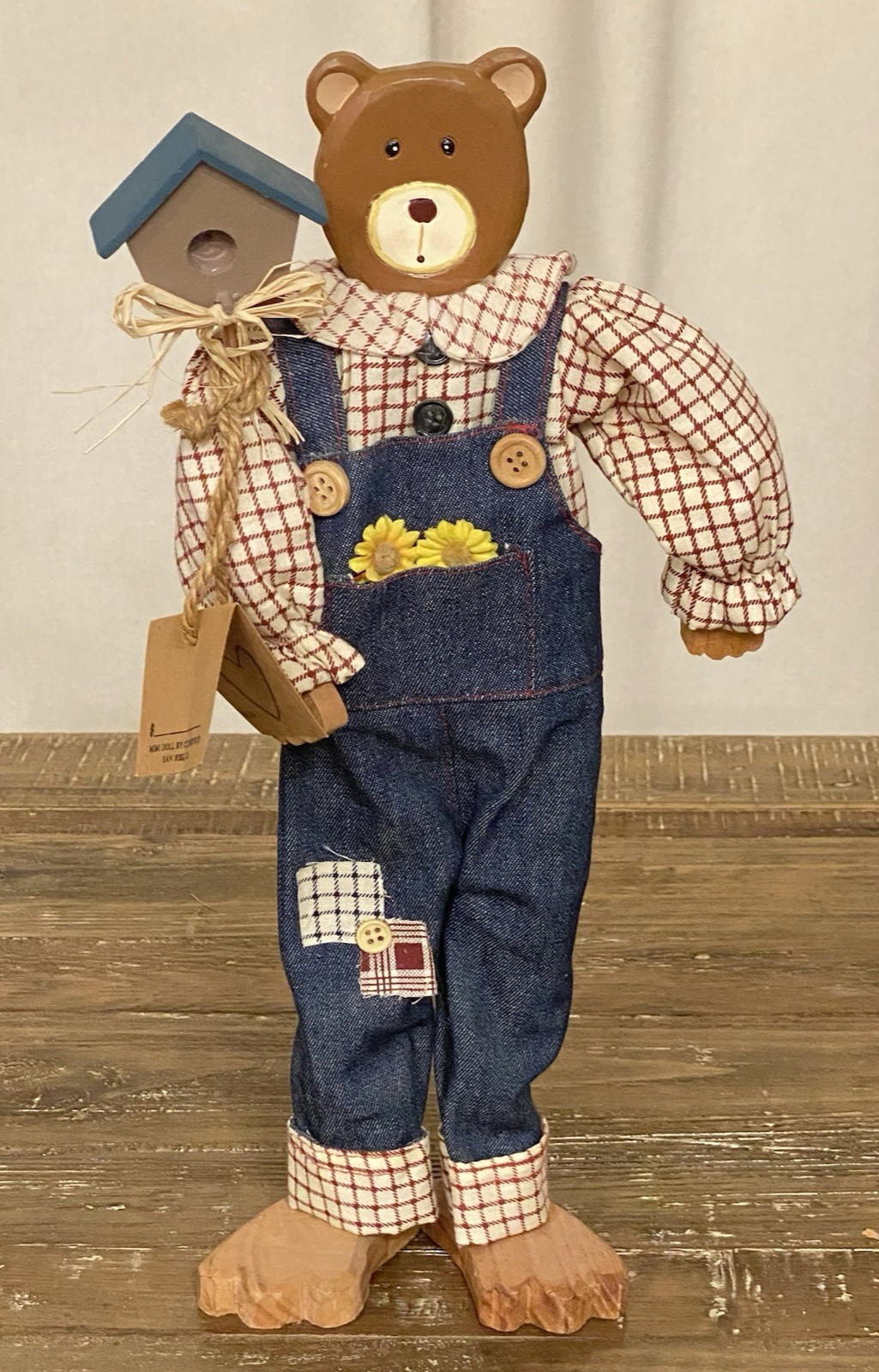 Frieda Friendship Bear 15″ Wood Grizzly Mimi Doll in Overalls w/ Bird House USA