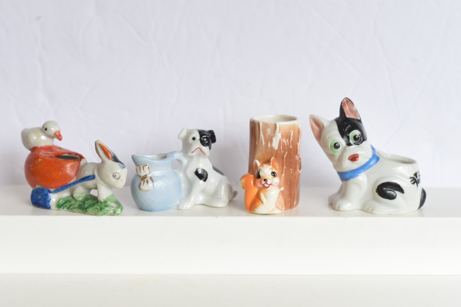 Lot of 4 Small Made in Japan Ceramic Painted Porcelain Figures Dog Squirrel