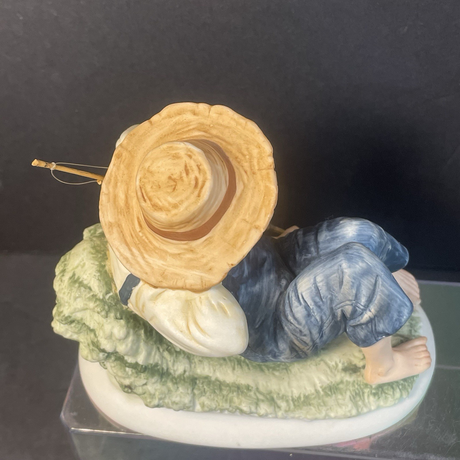 Lefton Bisque Figurine KW3839 Napping Barefoot Boy Fisherman In Overalls Vintage