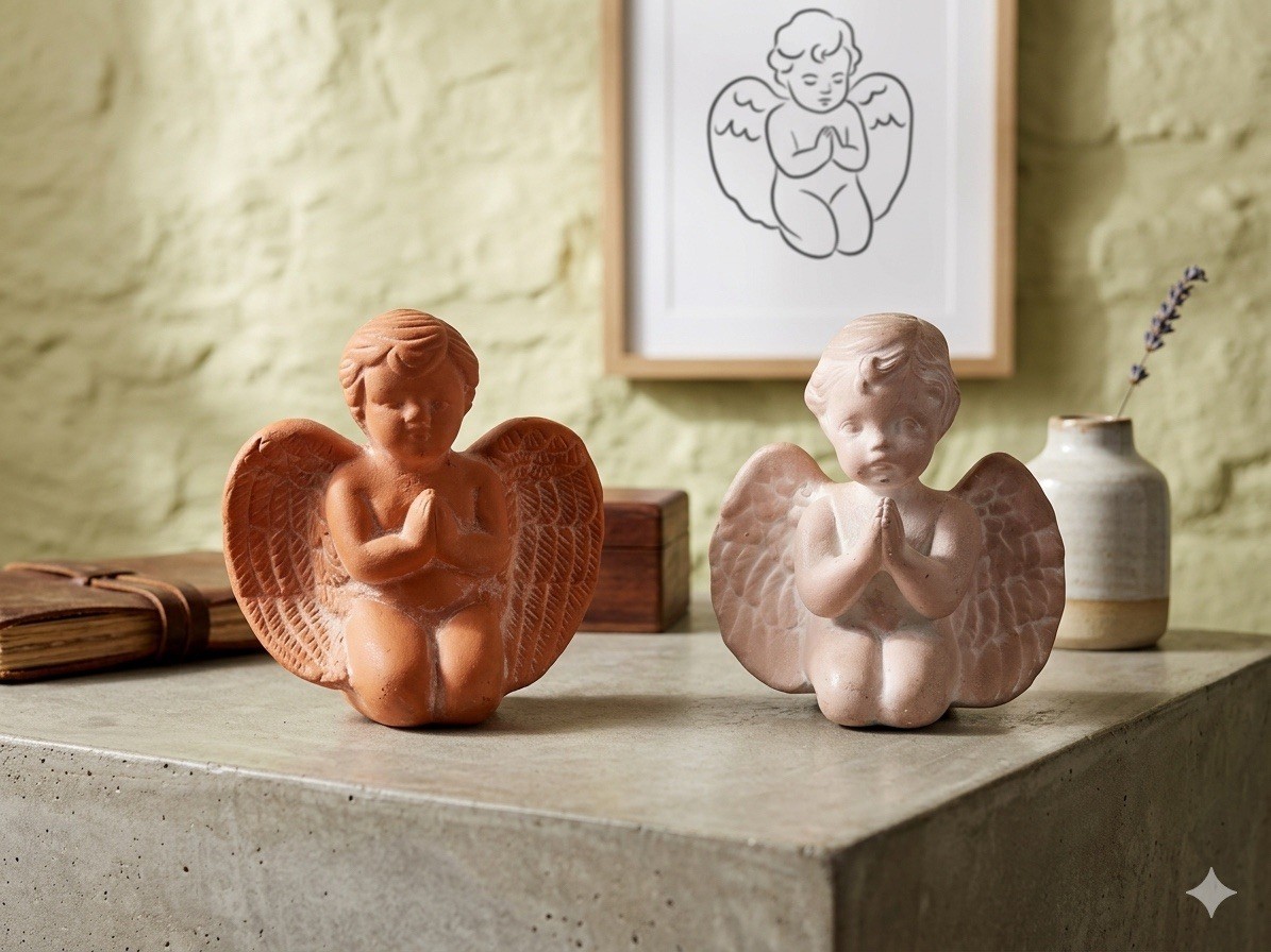 2 Terra Cotta Cherub Angel Boy 3.5” Kneeling Praying Statue Figurine Pottery