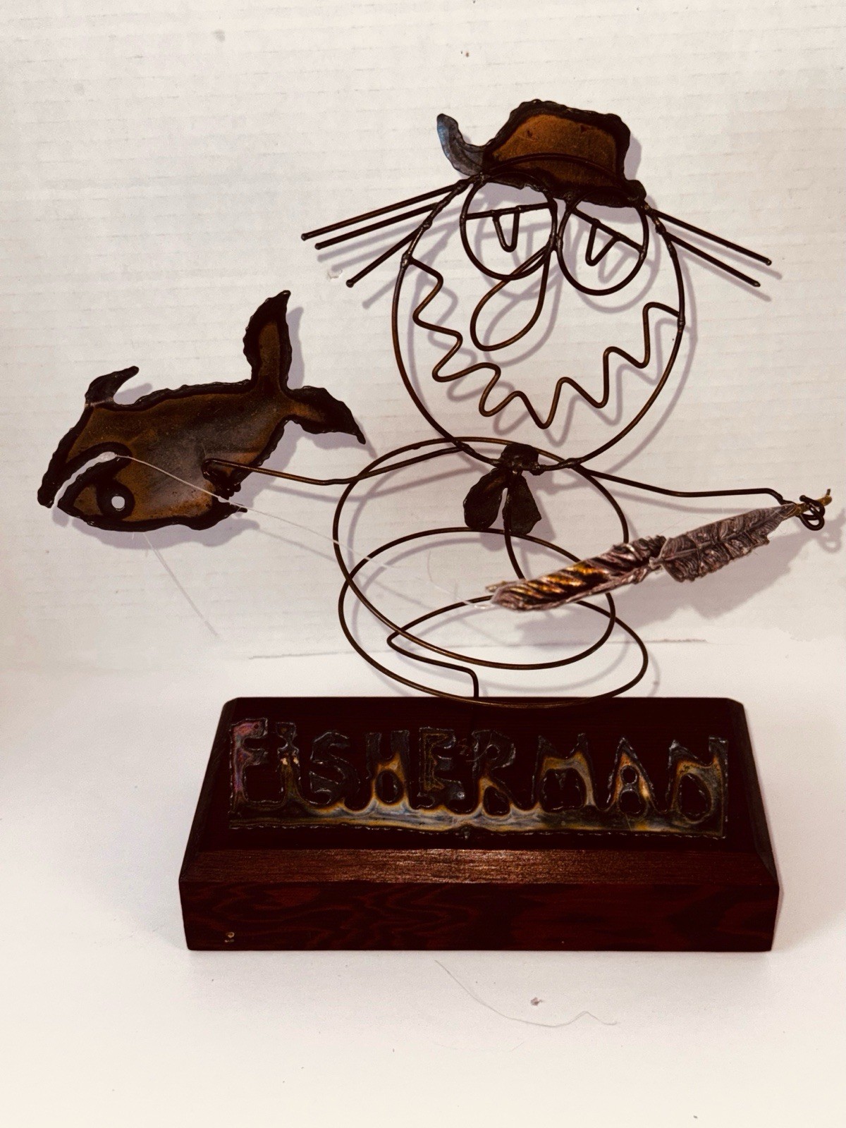Handmade Enameled Copper & Brass Wire Sculpture Figurine – “FISHERMAN” Sign VNTG