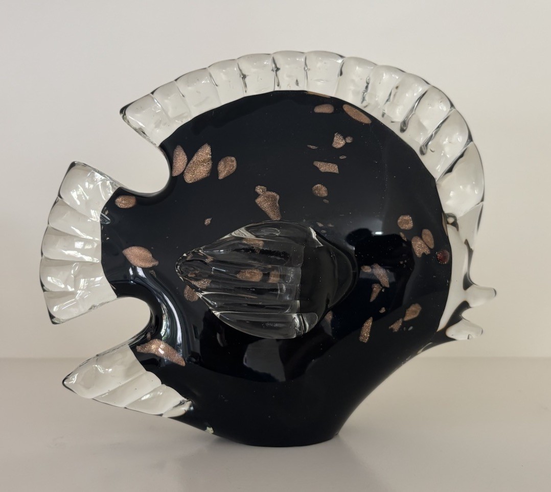 Vintage Murano Glass Fish Statue Black & Metallic Gold Excellent Condition