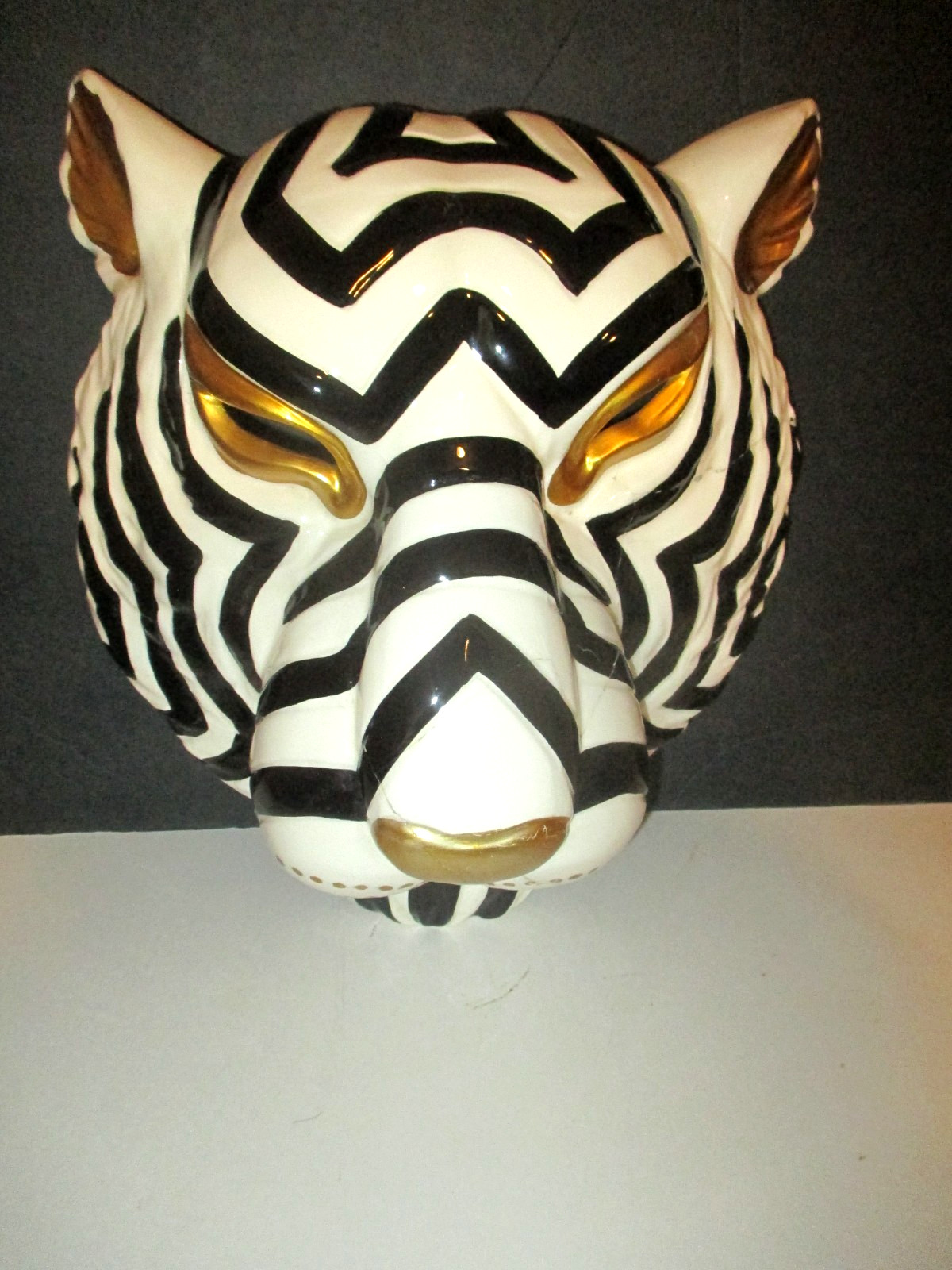 14″ WHITE TIGER BLACK/GOLD MASK SCULPTURE WALL ART HIGH QUALITY DAMAGED+STAND