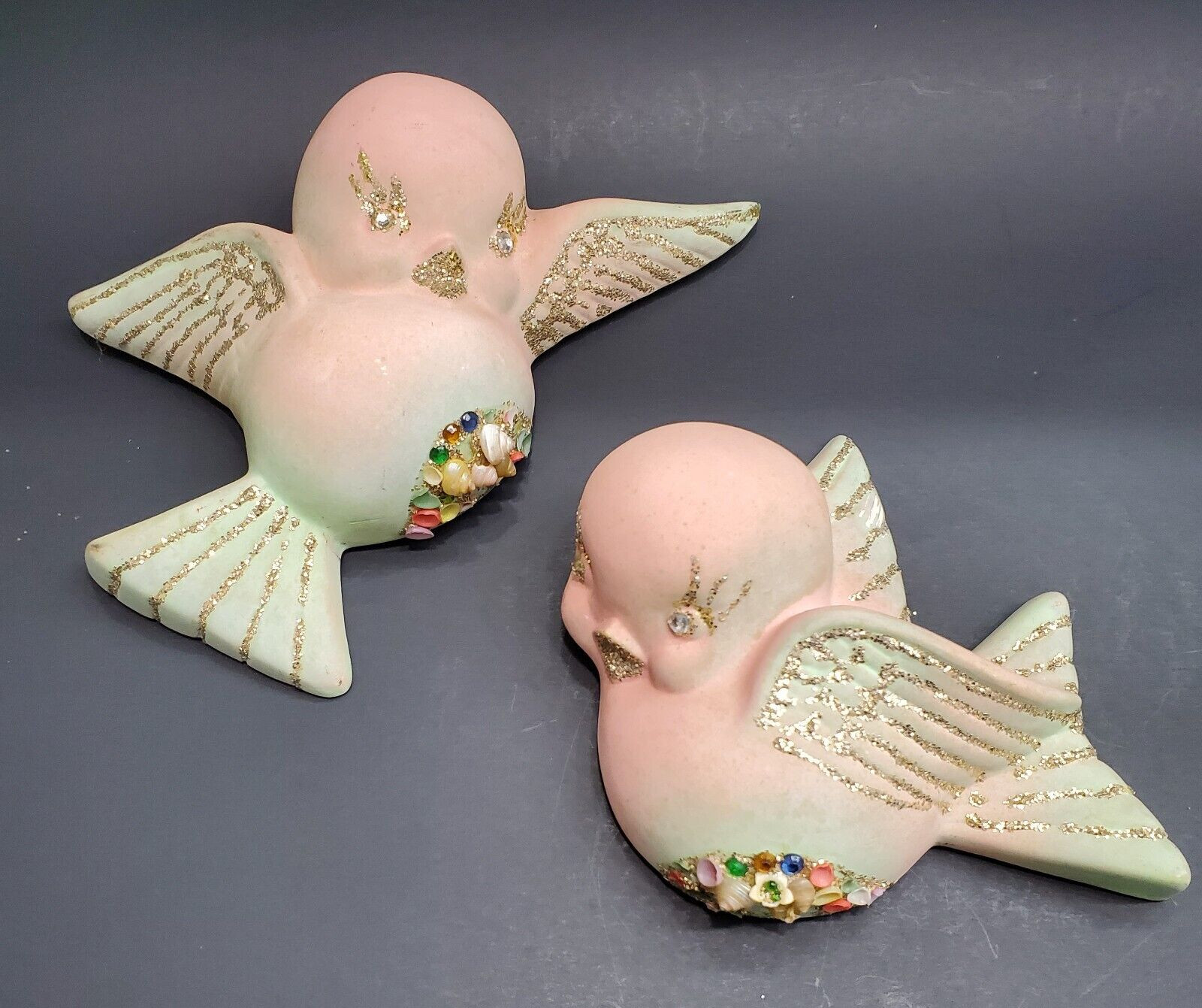 Vintage Pink & Mint Green Glitter & Jewel Set of Birds Wall Plaque Hanging Decor