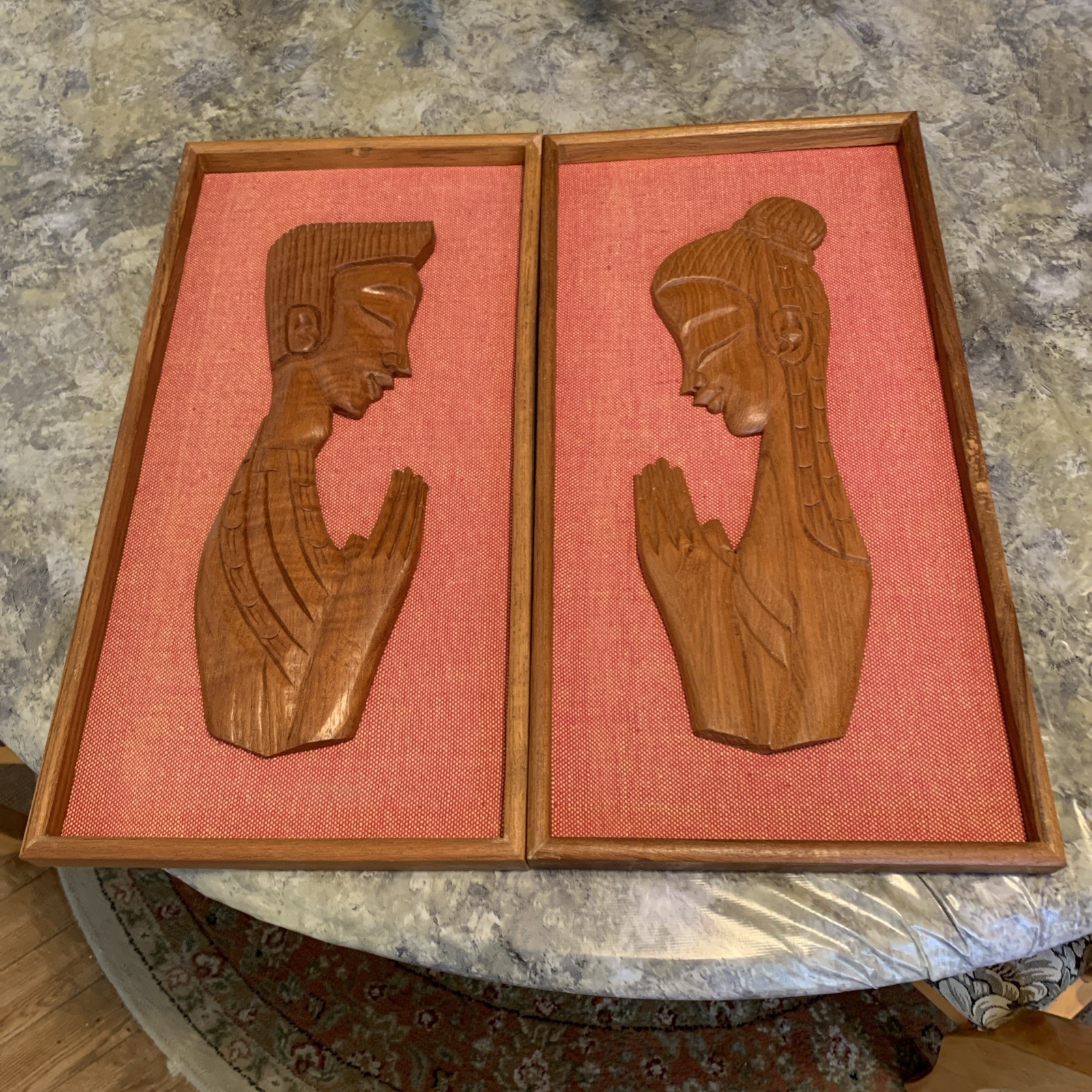 MCM Pair Of Vintage Teak Wood Carving Man And Woman Wall Art From Thailand