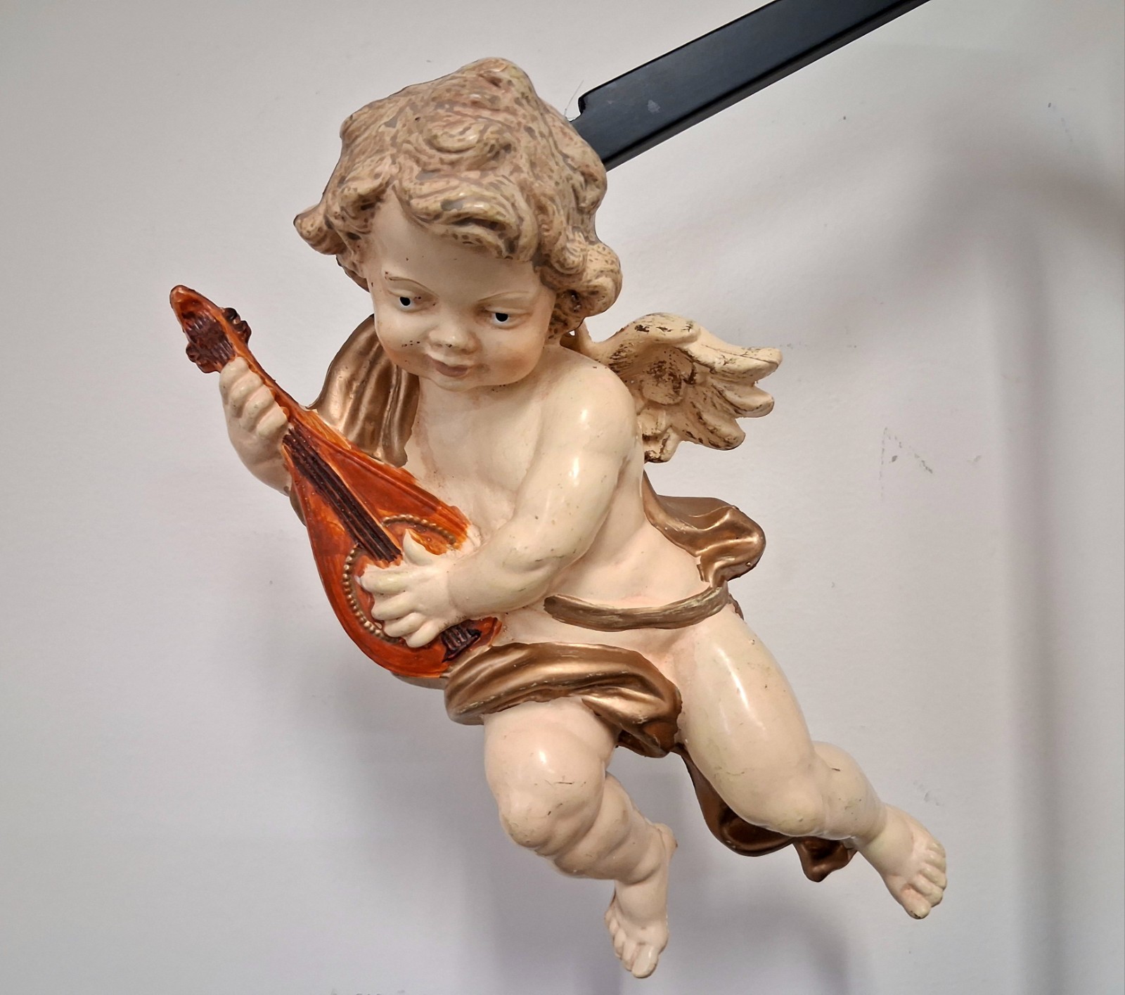 Vintage Winged Cherub Playing Instrument Molded Plastic Hanging Ornament 9″