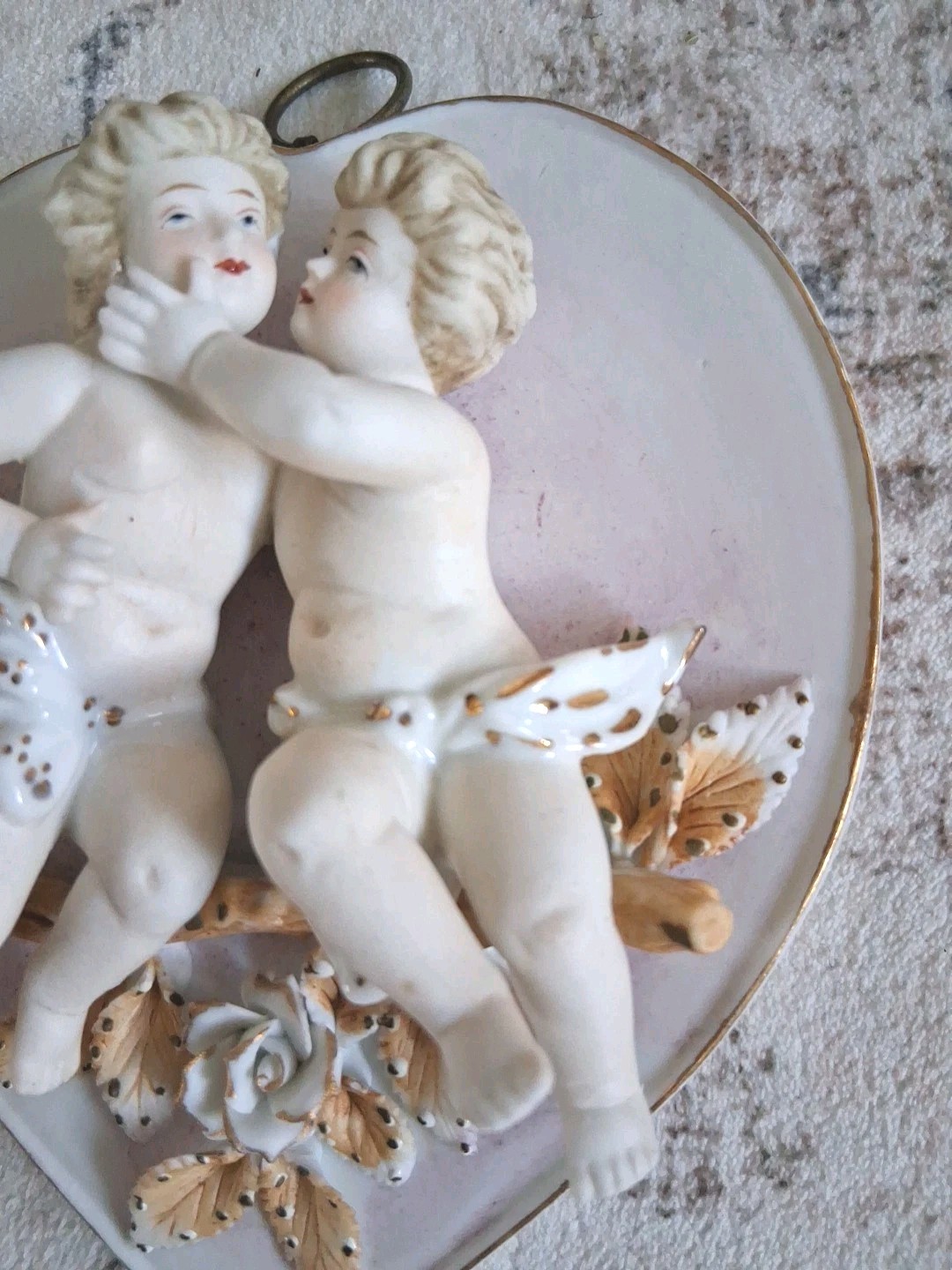 Arnart Creation Japan Heart Cherubs Wall Hanging Bisque Porcelain 5.5″ X 5″