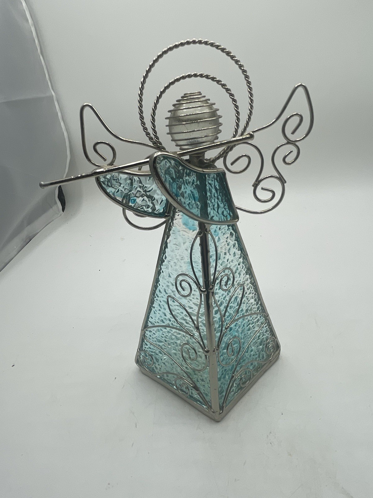 Gold Vintage Stained Glass Flute Playing Angel 8″ tall X5 1/2″ in Blue