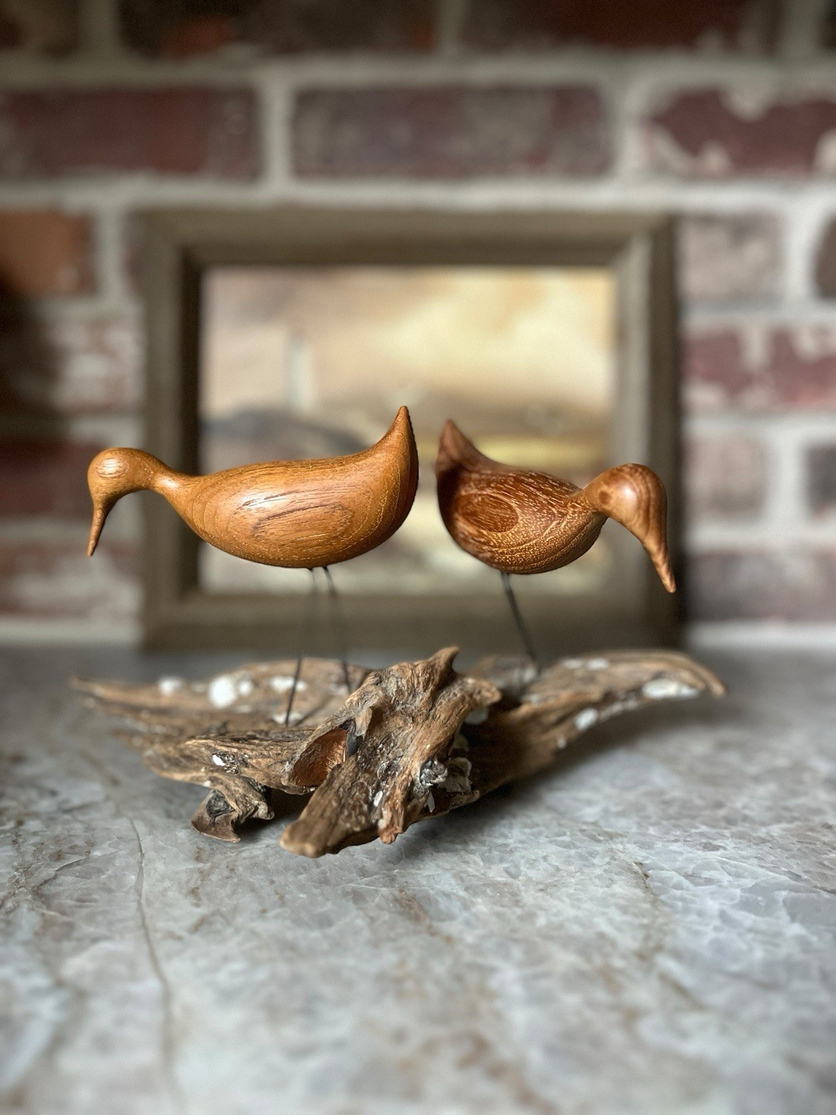 Vintage mid-century Style Teak Wood Shore Birds On Driftwood Base