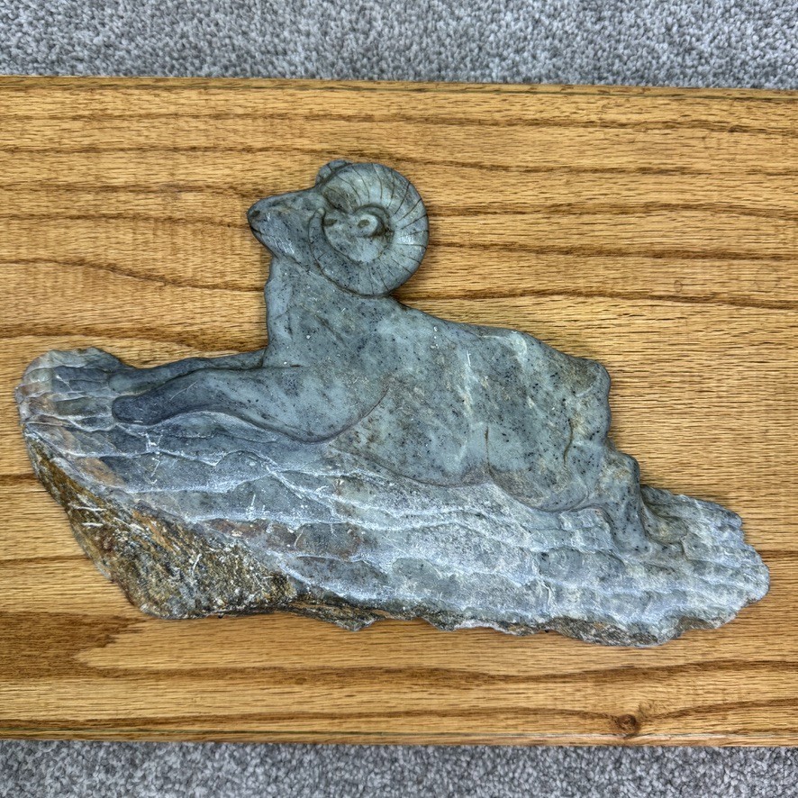 3D Effect Dall Sheep Ram Ceramic Relief Sculpture On Wood By Alan Potter Signed
