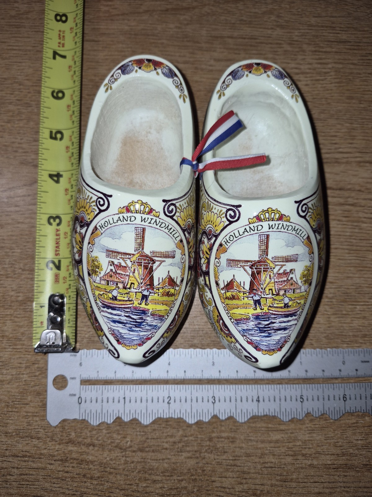 Holland Windmill Wood Dutch Clog Shoes Hand Carved Painted Vintage 6″ Pair