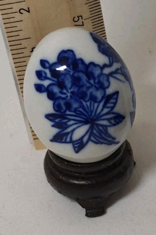 2 Mini Blue White Porcelain Eggs with Stands Chinoiserie Style Floral Decor