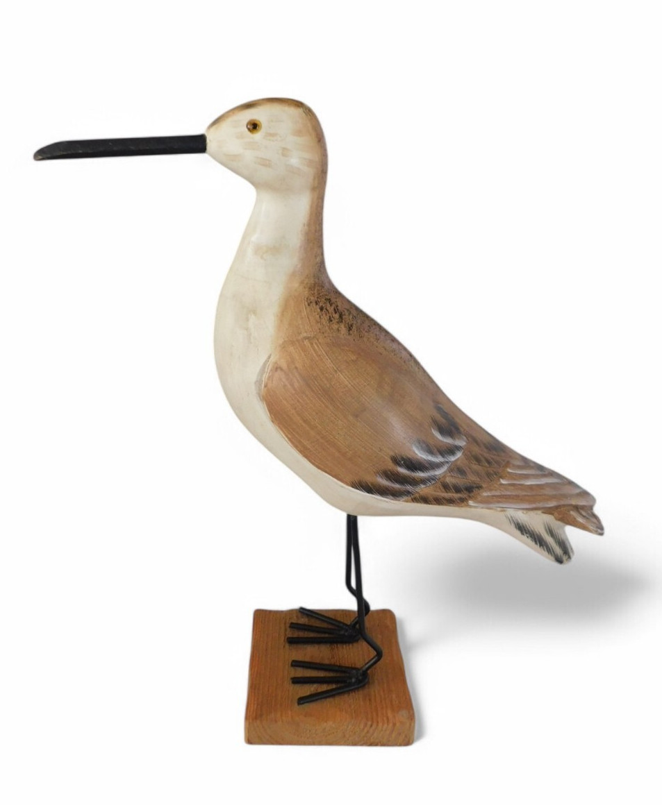 Wood Carved Sandpiper Brown Beige Standing Shore Bird Nautical Statute *AS IS*