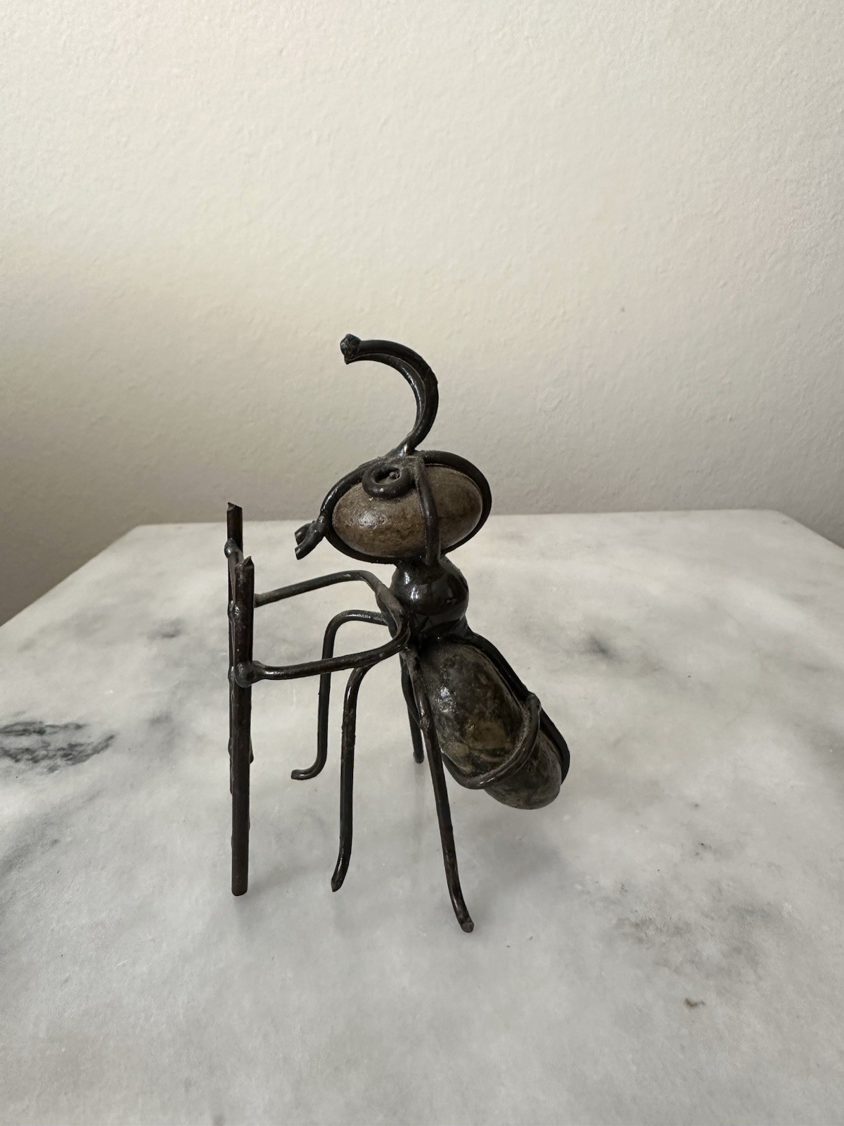 Metal Fishing Ant Stone Art Sculpture Unique Vintage Brutalist Art Oddity