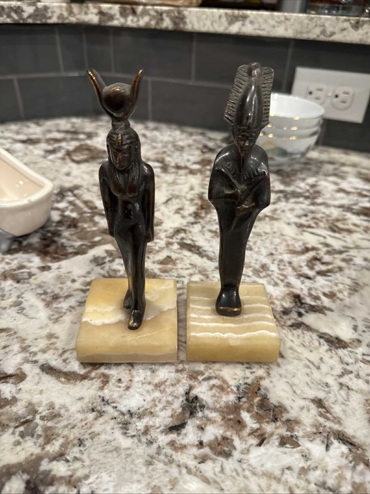 Antique Egyptian figures. Pharaoh and Osiris, bronze toned.