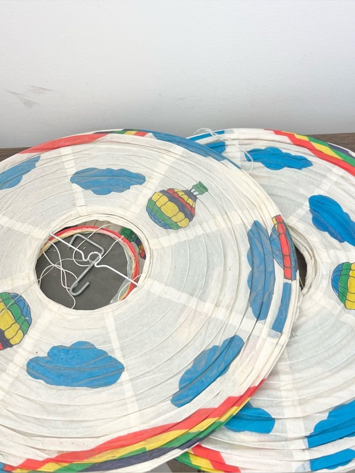 Set of 2 Vintage Paper Lantern Hot Air Balloons w Rainbows Clouds Decor READ