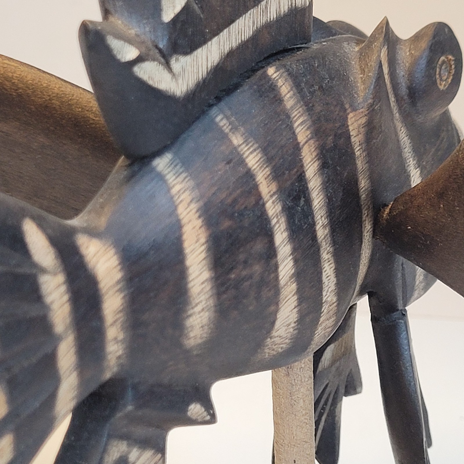 Vtg Lionfish Folk Art Sculpture Wood Carved Dark Stain Zebra Pattern Description