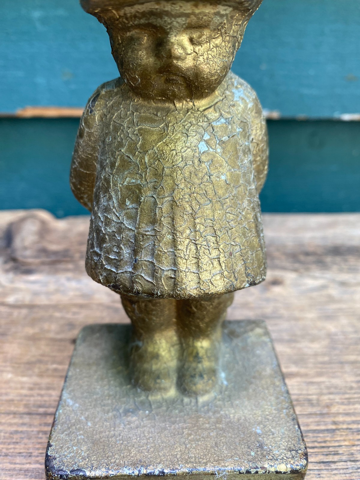 Vintage Child Figure Bookend Doorstop Gold Paint Cast Metal Boy -I’m Sorry 3Lbs.