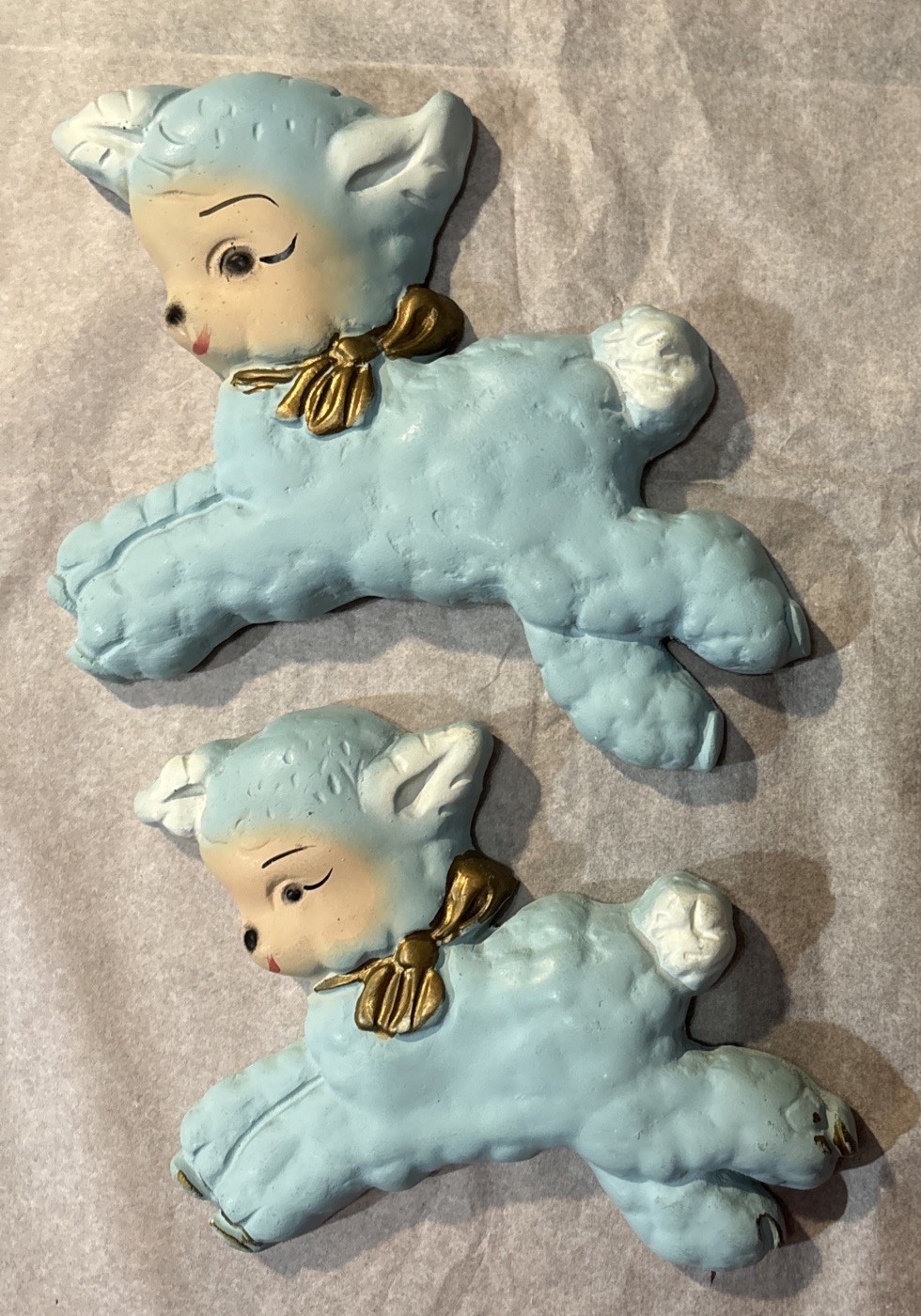 Vintage Mid Century Baby Blue Chalkware 2 Lambs Pair Wall Plaques So Adorable
