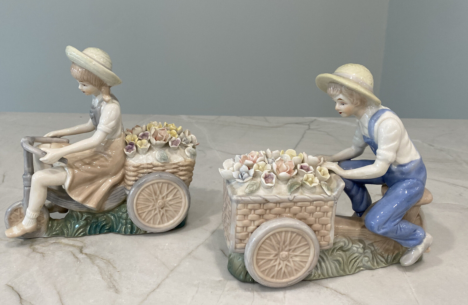 2 Vintage LENWILE ARDALT Boy & Girl with Flower Carts handmade 7″ figurines